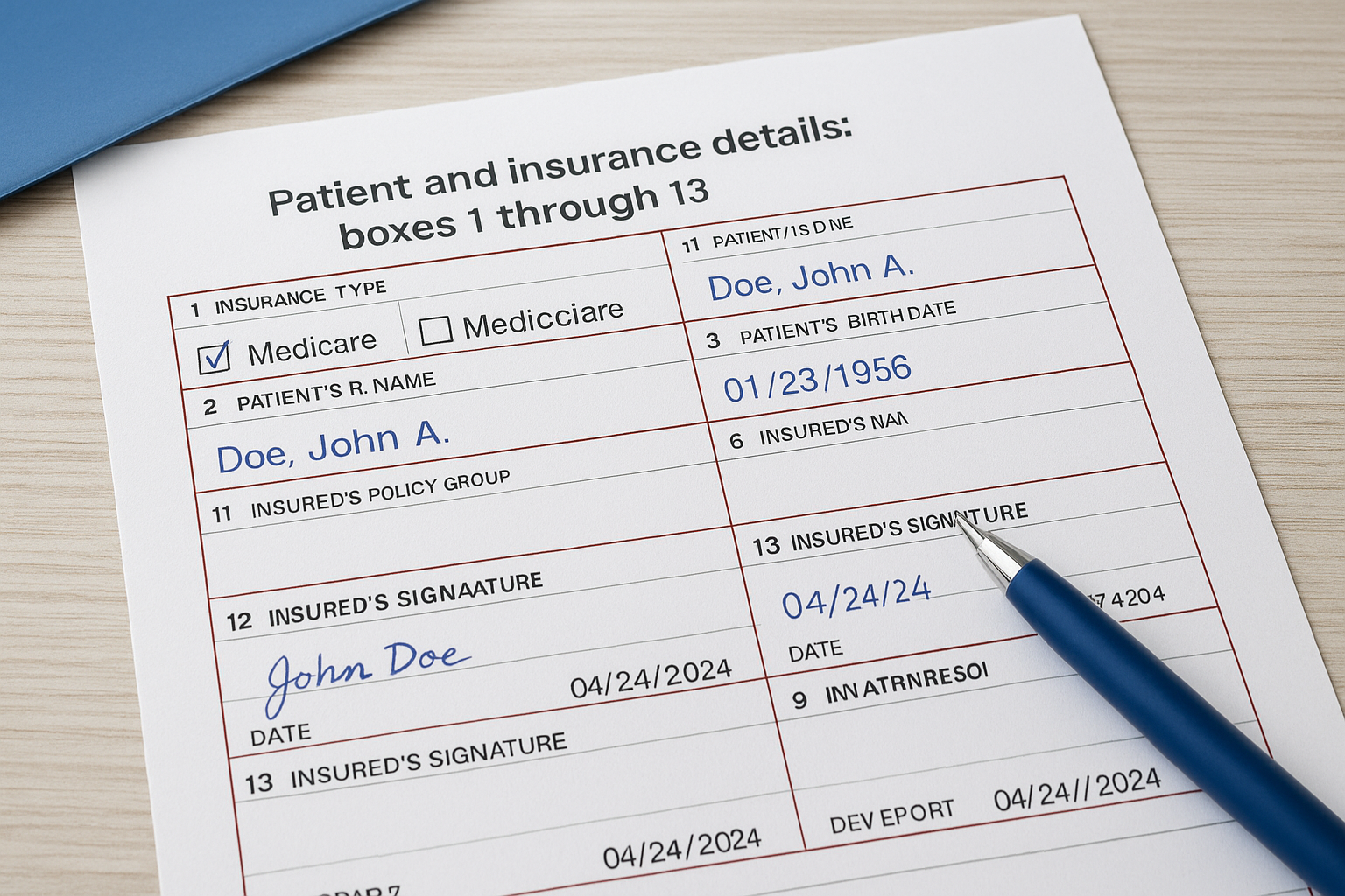 Patient and insurance details: boxes 1 through 13