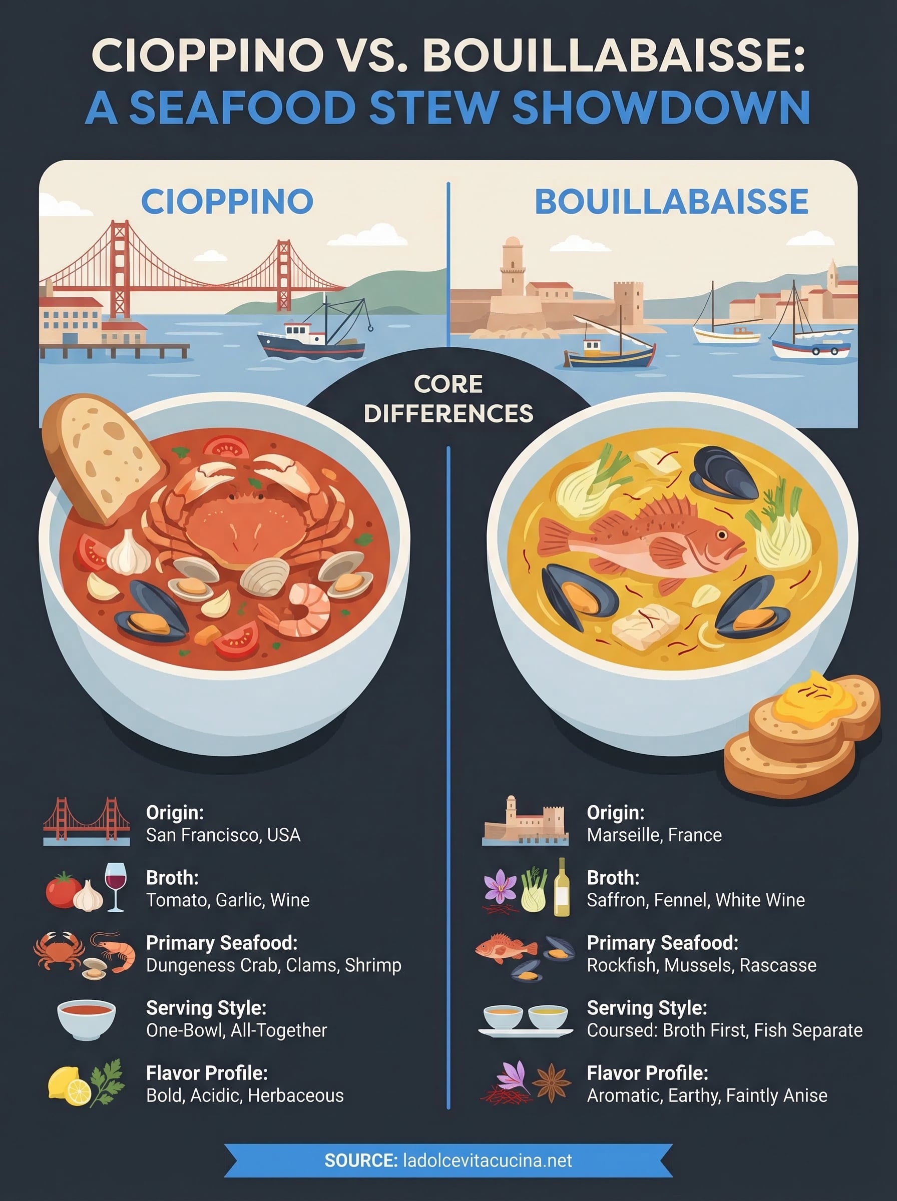 difference between cioppino and bouillabaisse infographic