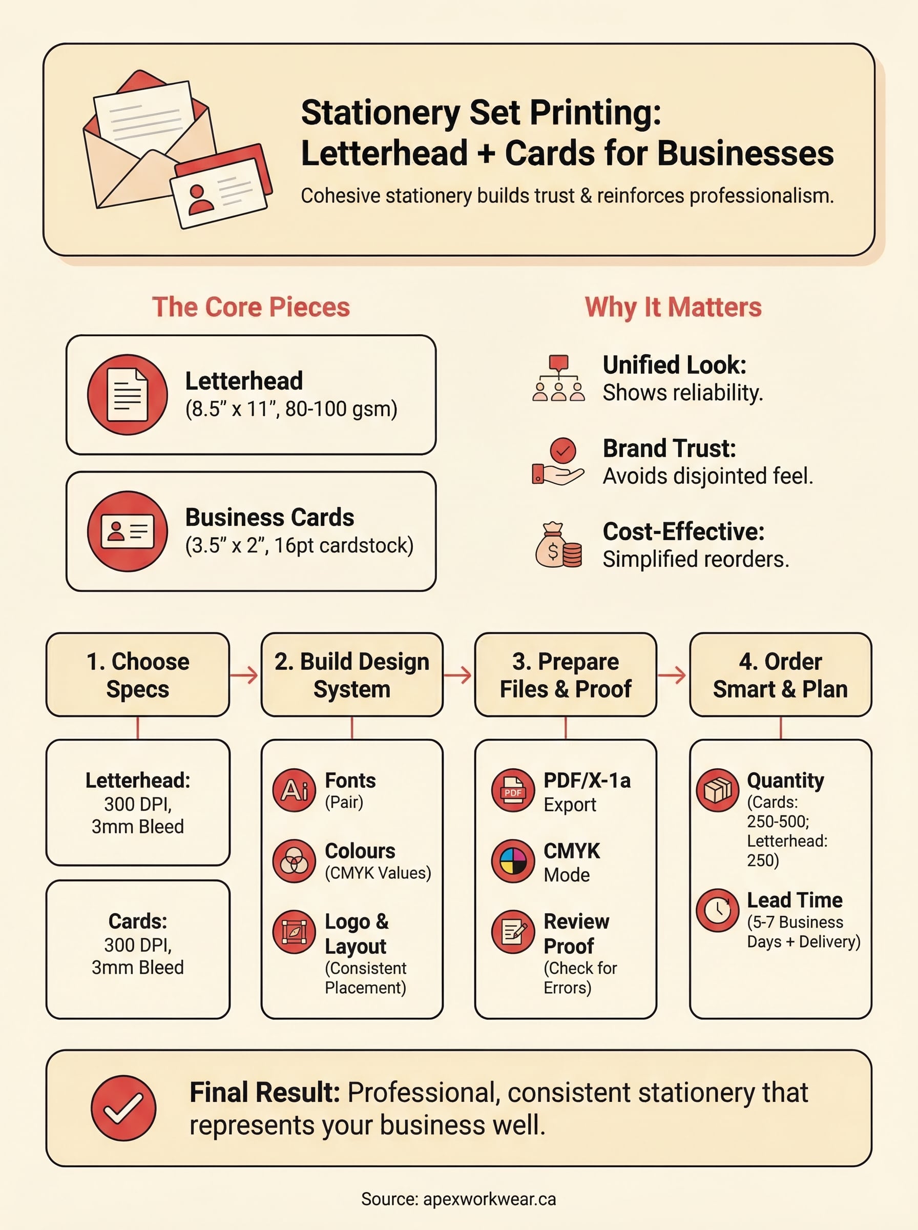 stationery set printing (letterhead + cards) infographic