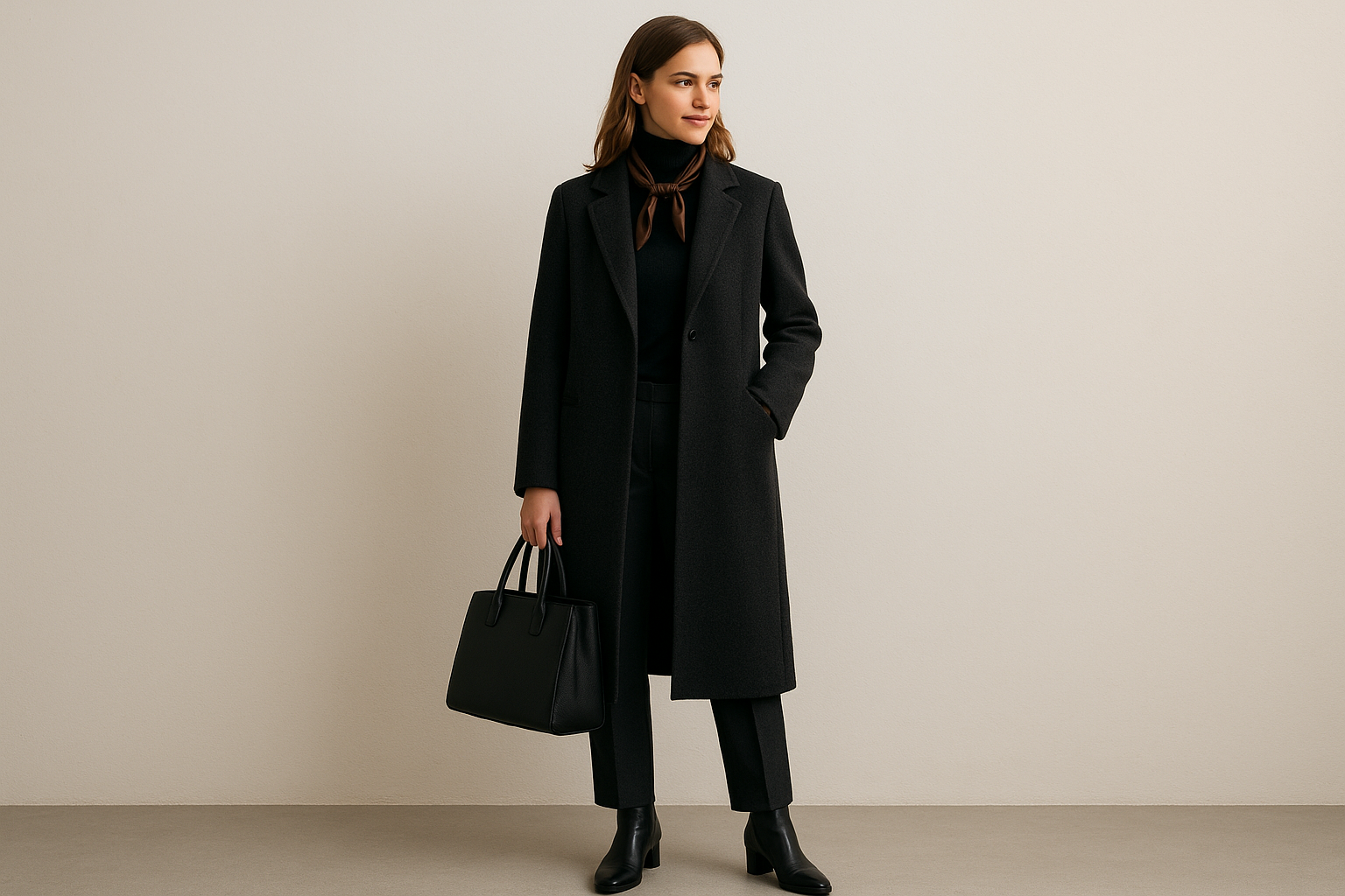 Tenue professionnelle femme hiver avec col roulé et manteau