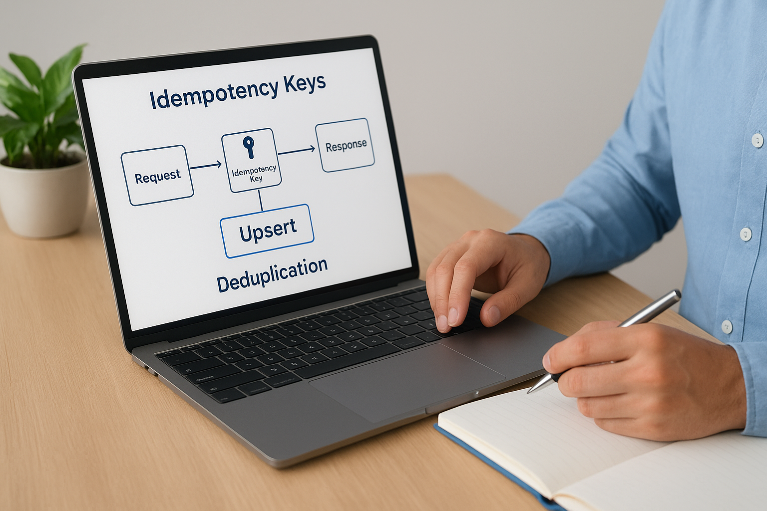 Using idempotency keys, upserts, and deduplication logic