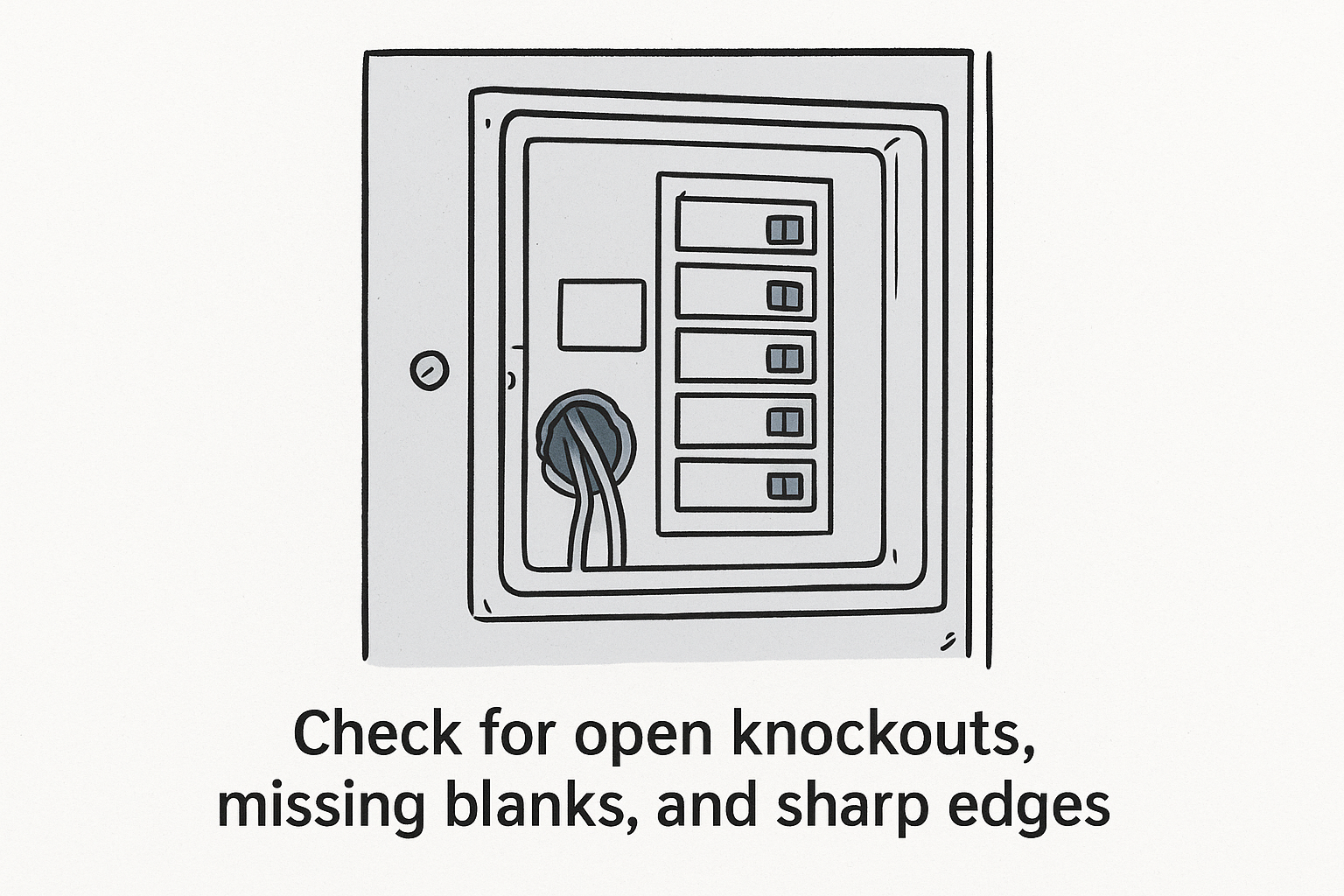 Check for open knockouts, missing blanks, and sharp edges