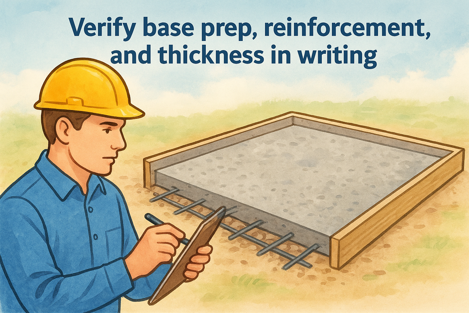 Verify base prep, reinforcement, and thickness in writing
