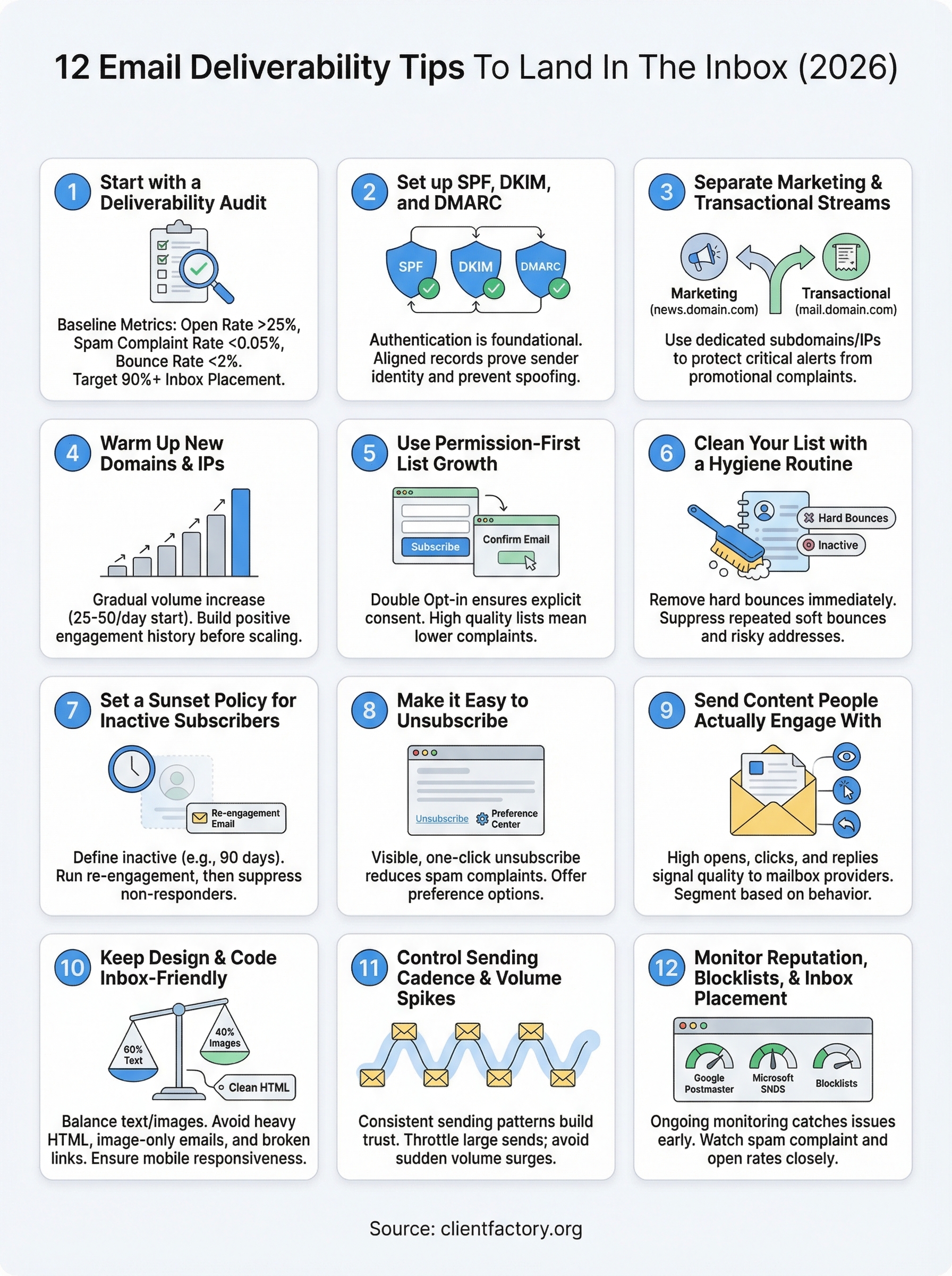 12 Email Deliverability Tips To Land In The Inbox (2026) email deliverability tips infographic