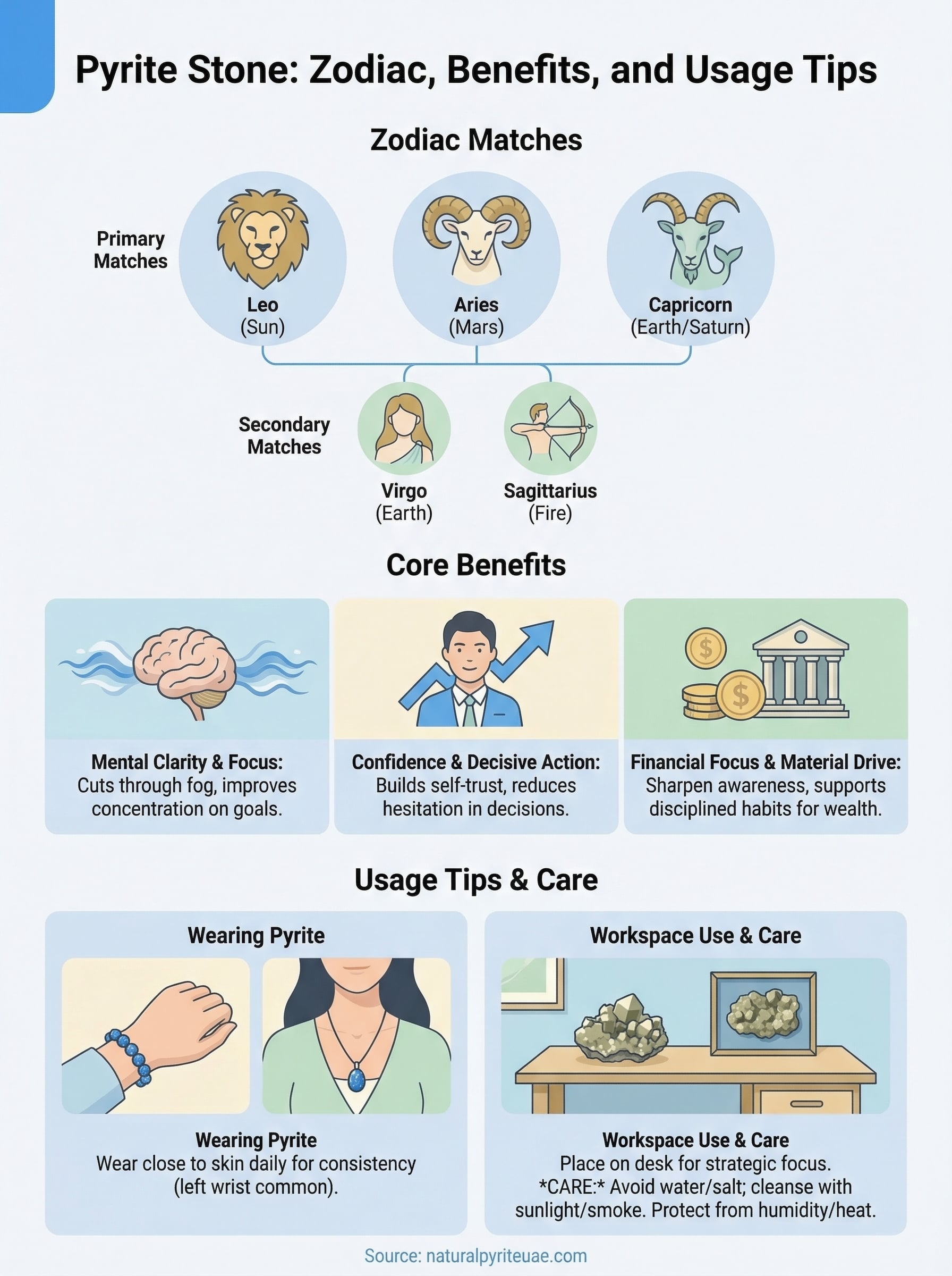 pyrite stone zodiac sign infographic