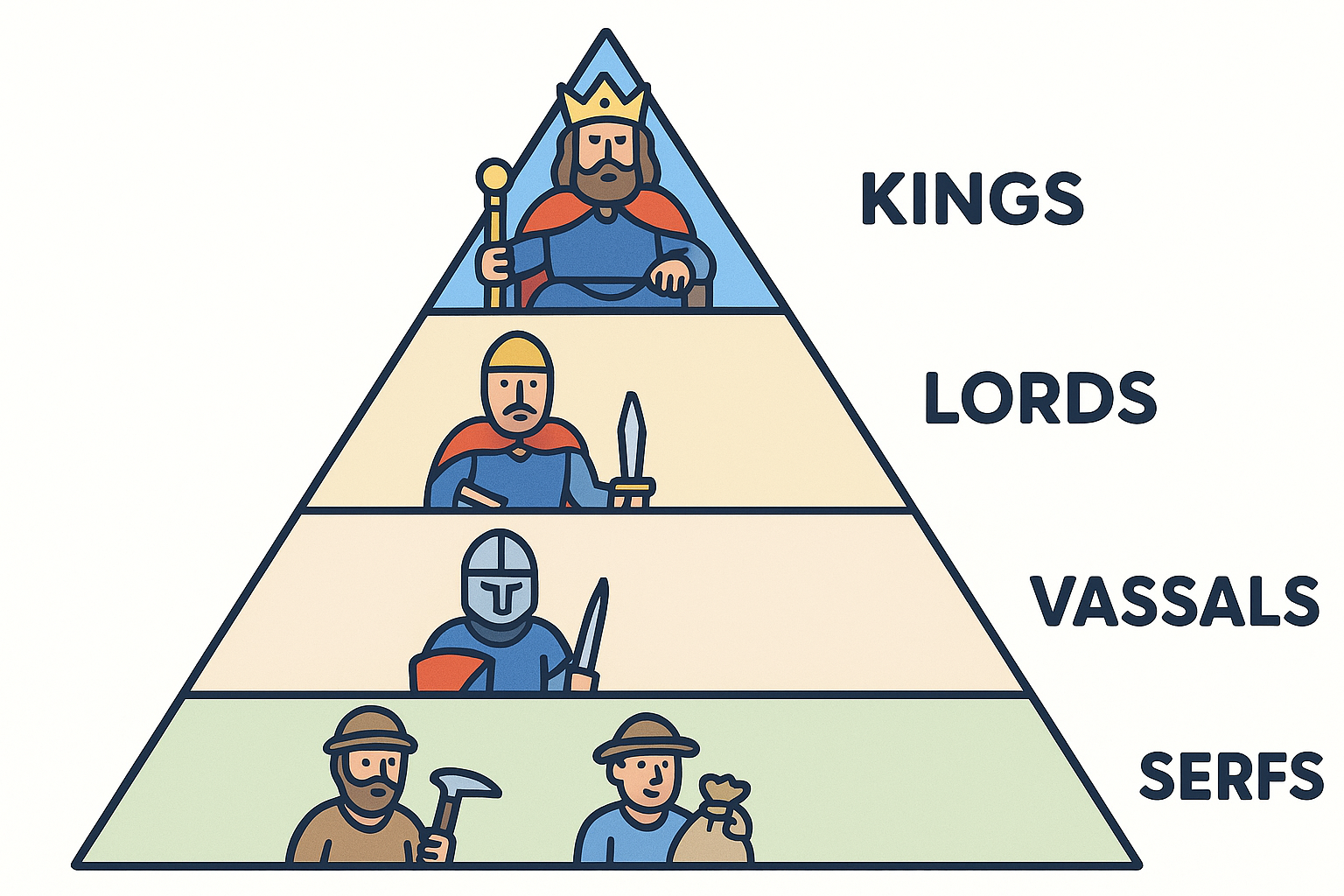 The feudal hierarchy: kings, lords, vassals, serfs