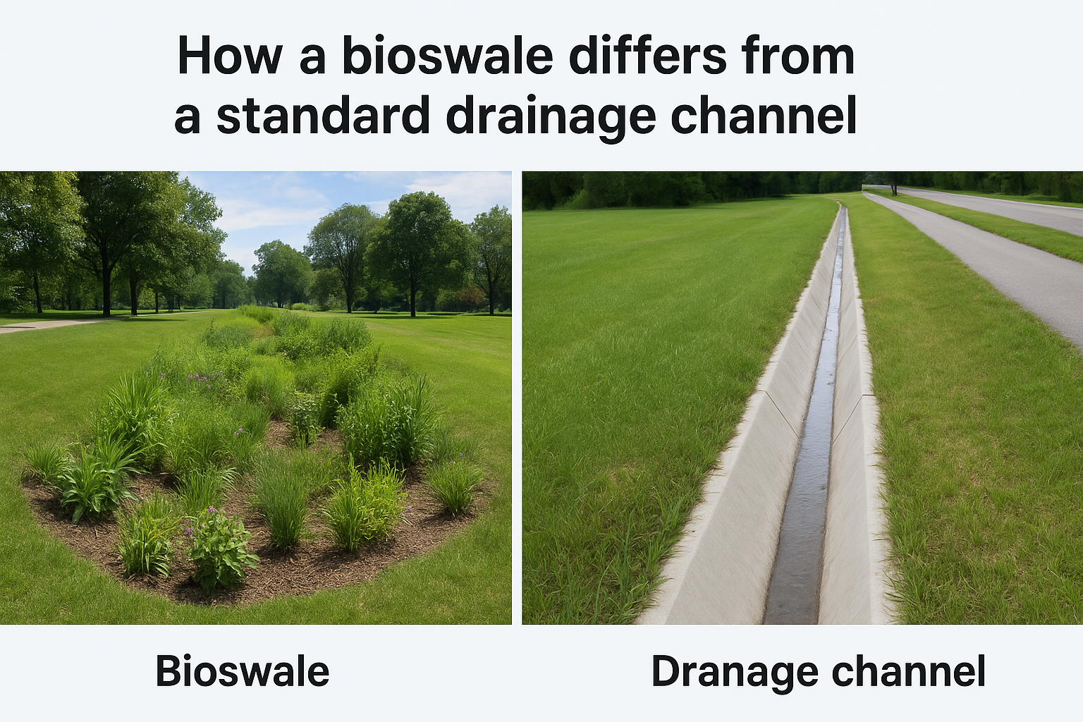 How a bioswale differs from a standard drainage channel