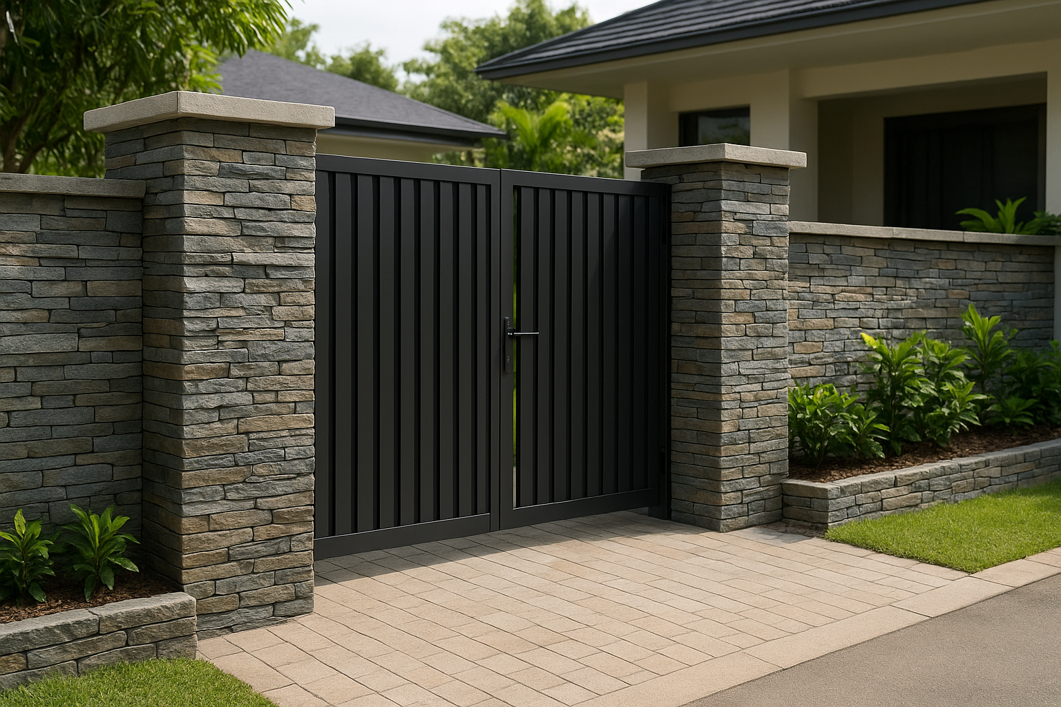 2. Stacked stone cladding for gate pillars and entry walls