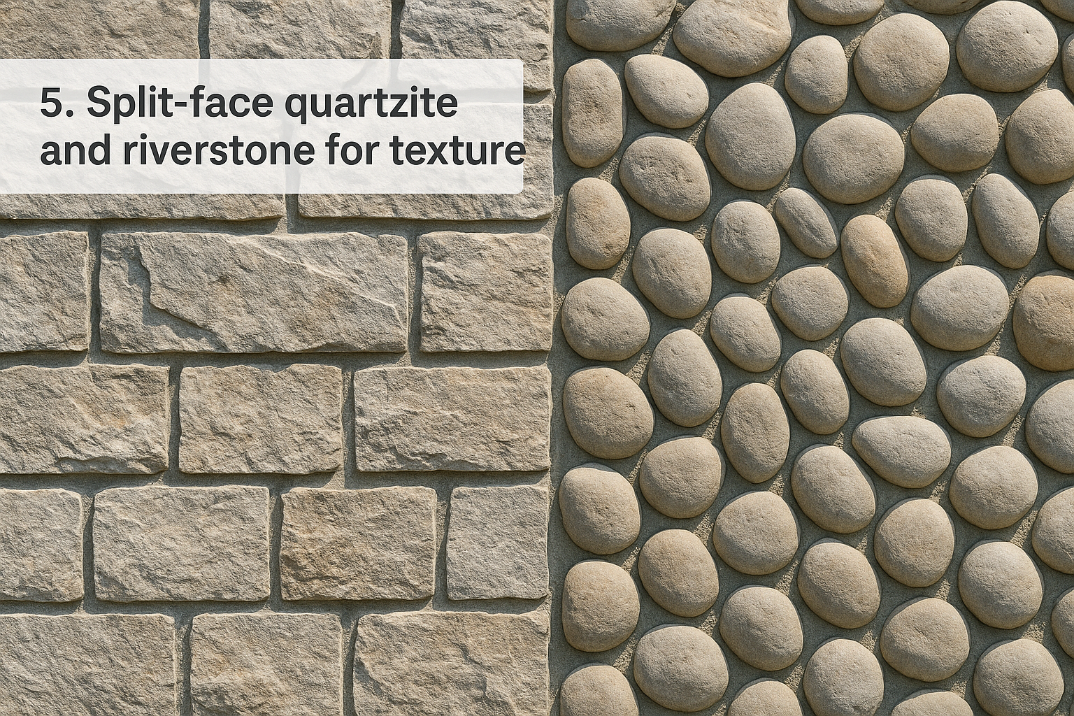5. Split-face quartzite and riverstone for texture