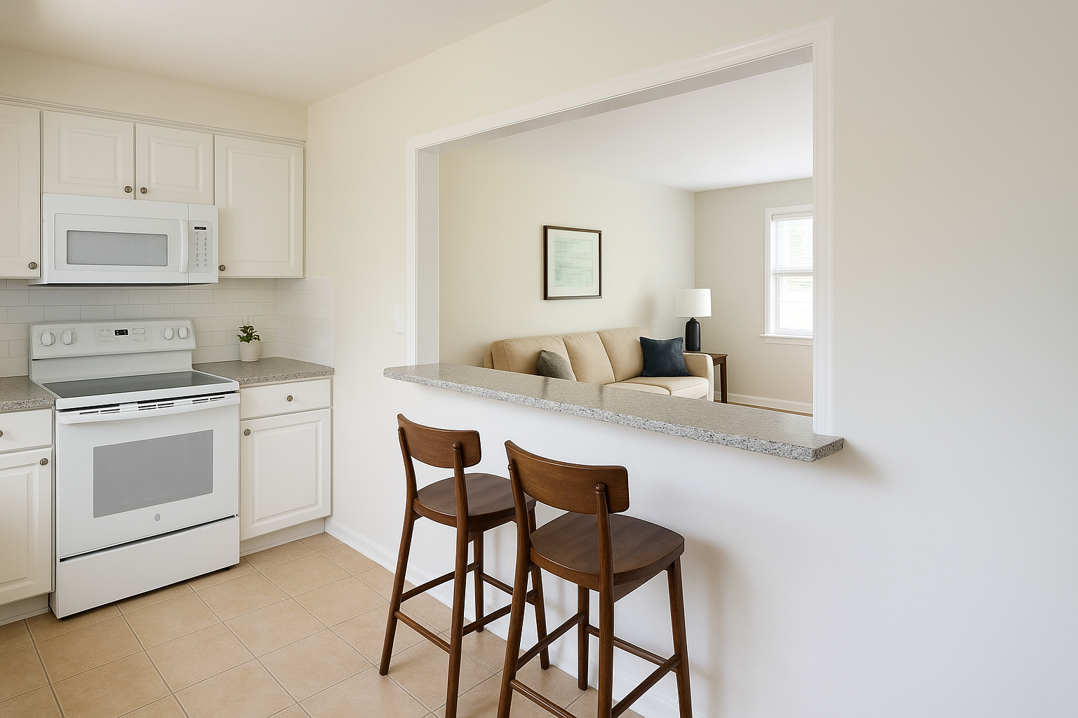 2. Open one side with a pass-through or half wall