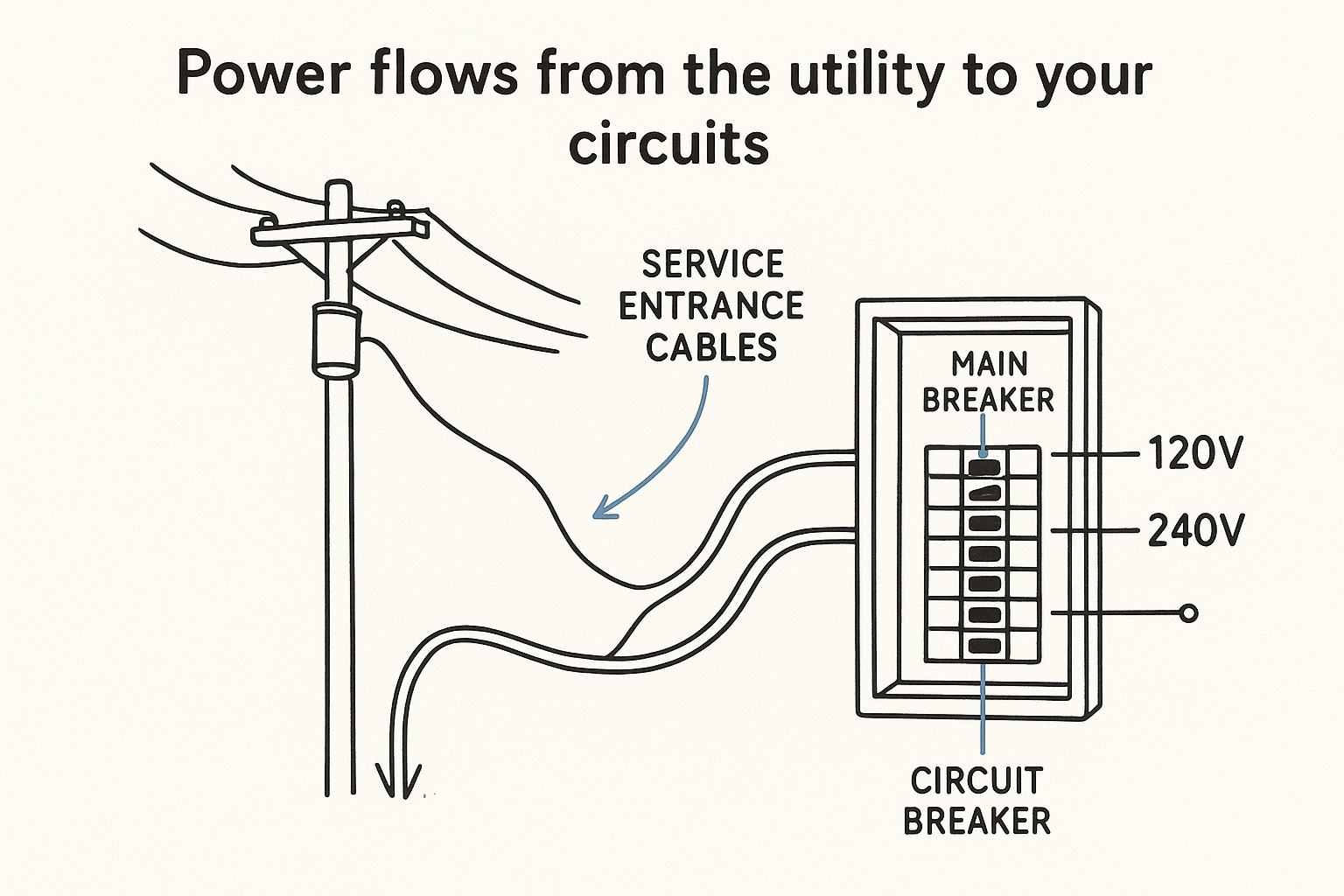 Power flows from the utility to your circuits