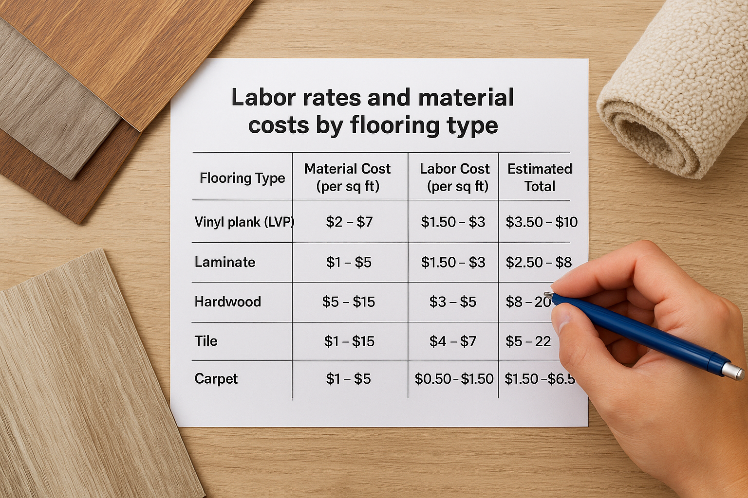 Labor rates and material costs by flooring type