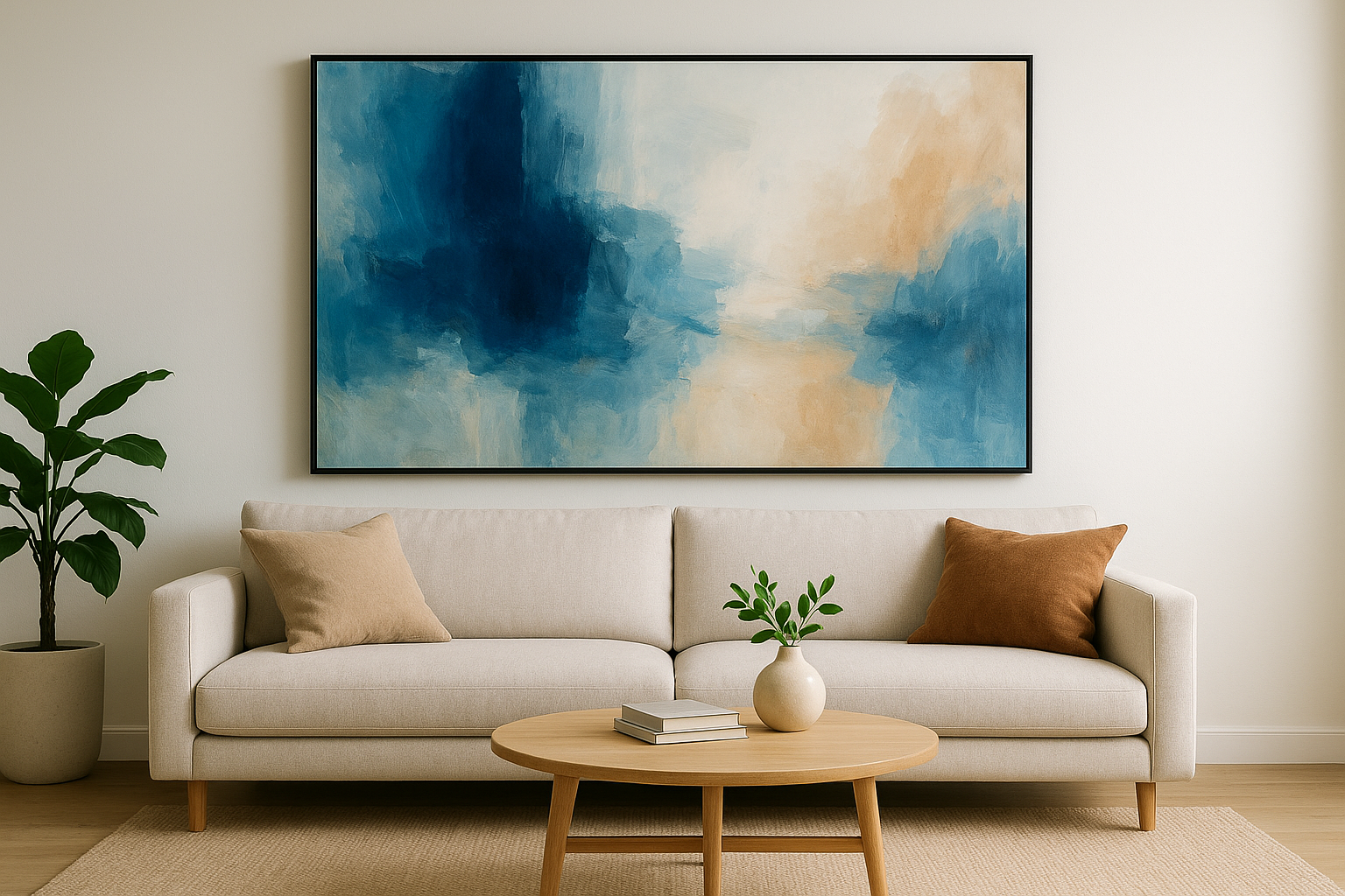 2. One oversized statement piece above the sofa