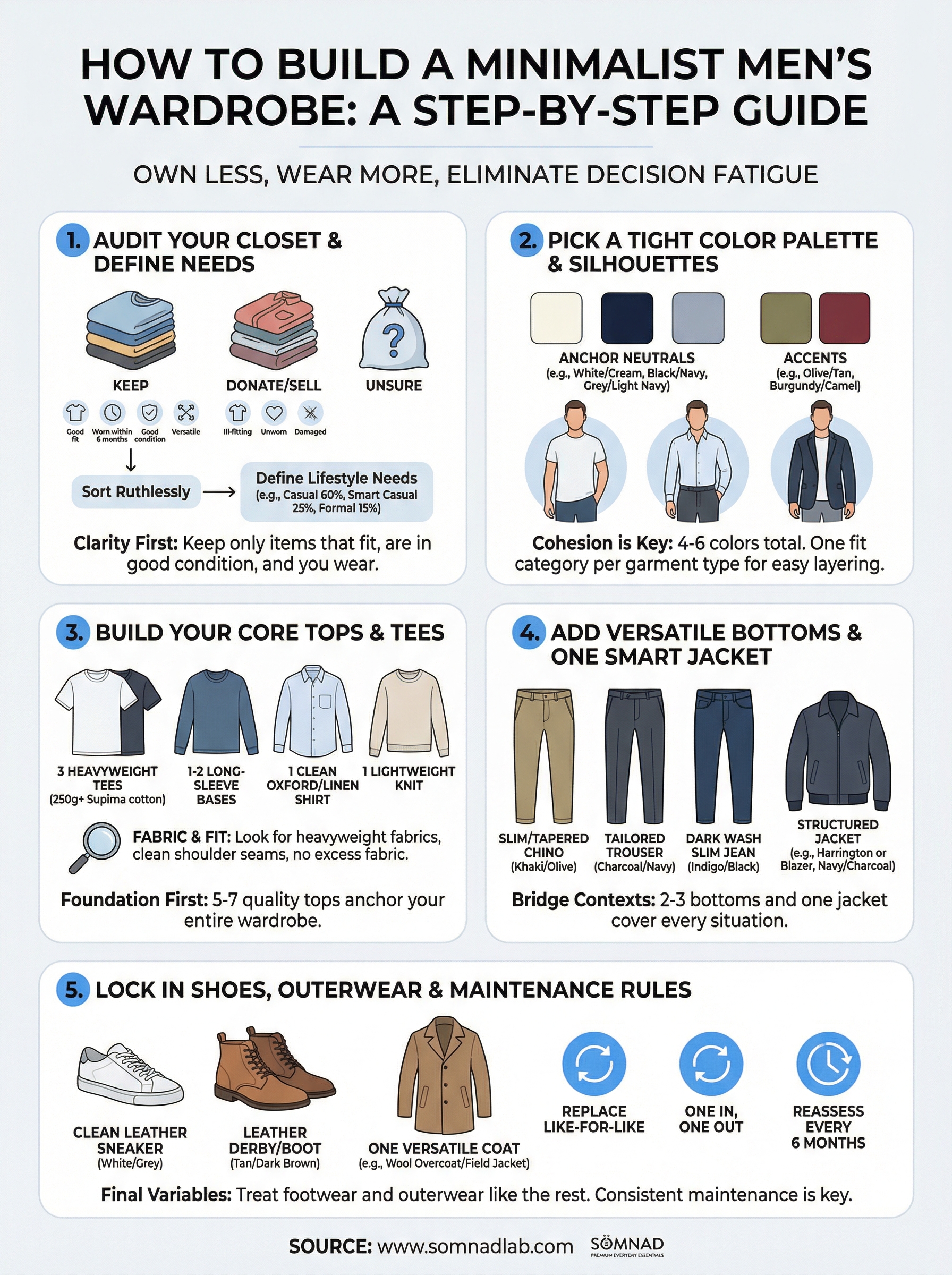 how to build a minimalist men's wardrobe infographic