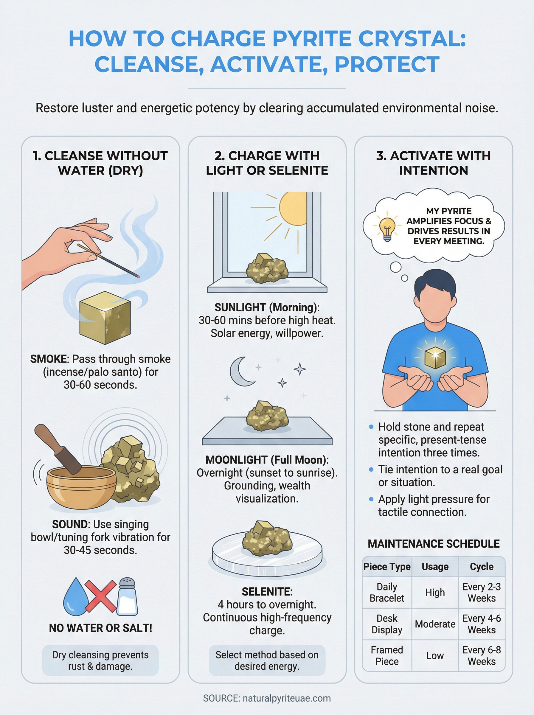 how to charge pyrite crystal infographic