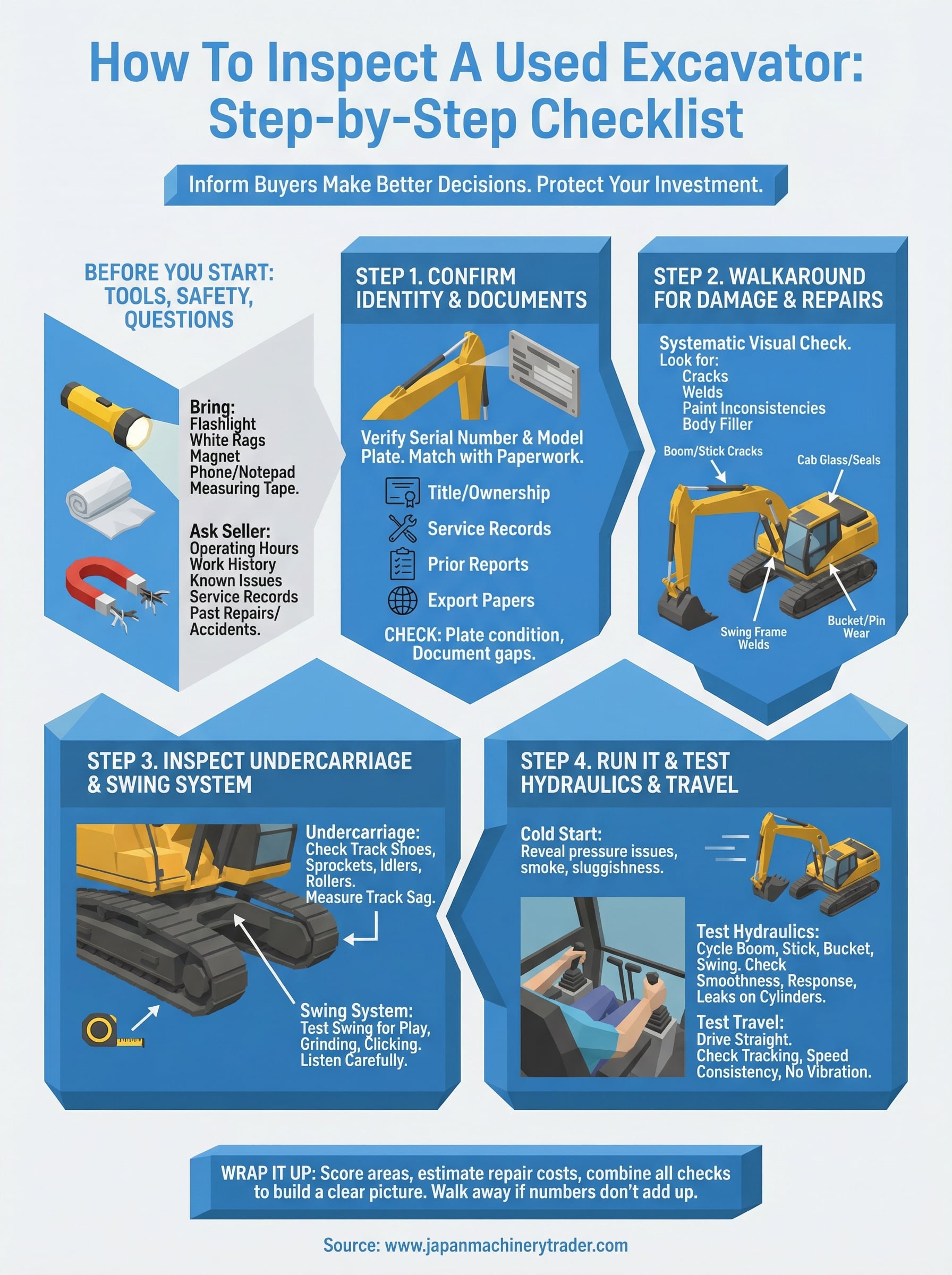 how to inspect a used excavator infographic