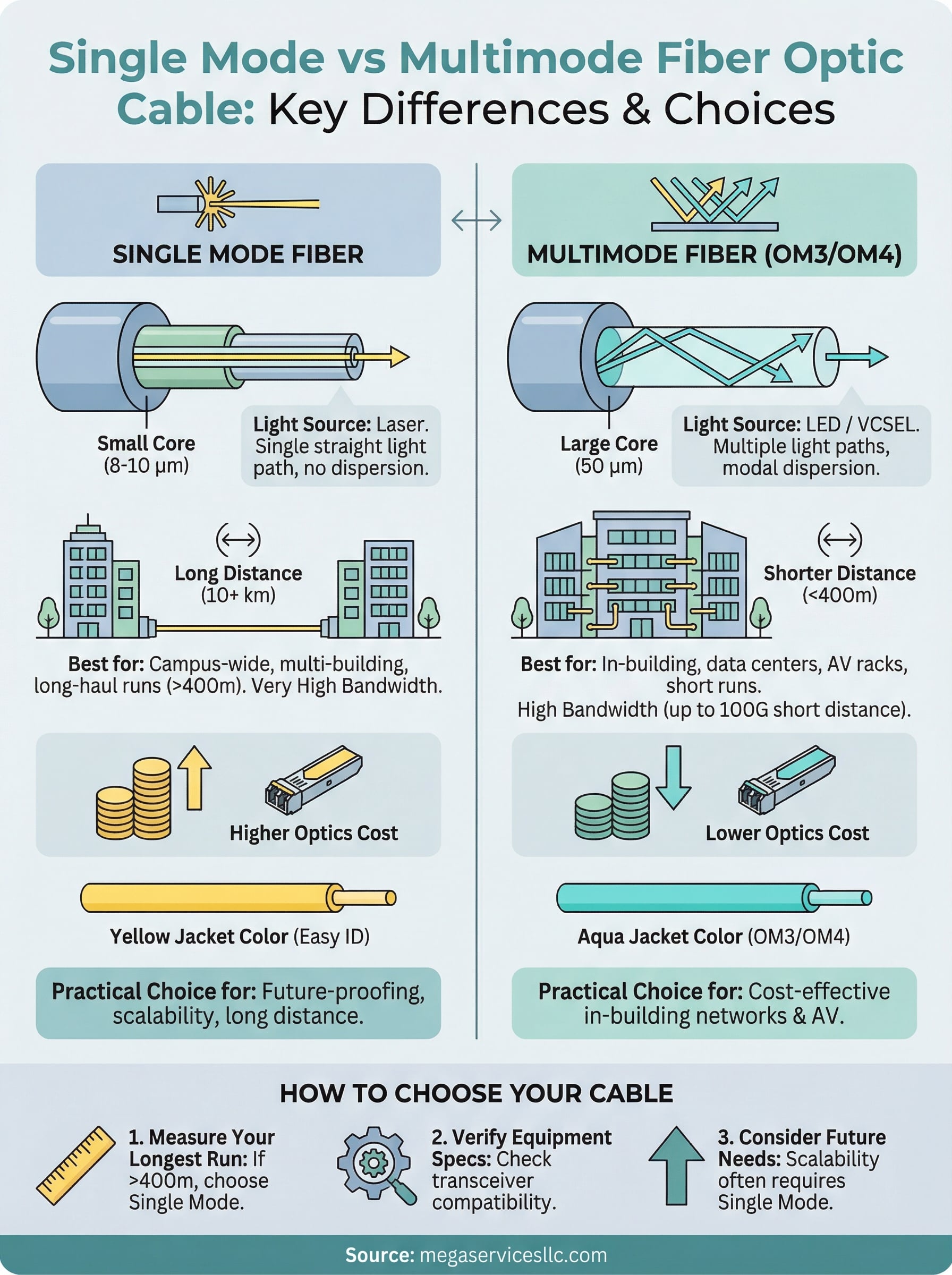 single mode vs multimode fiber optic cable infographic