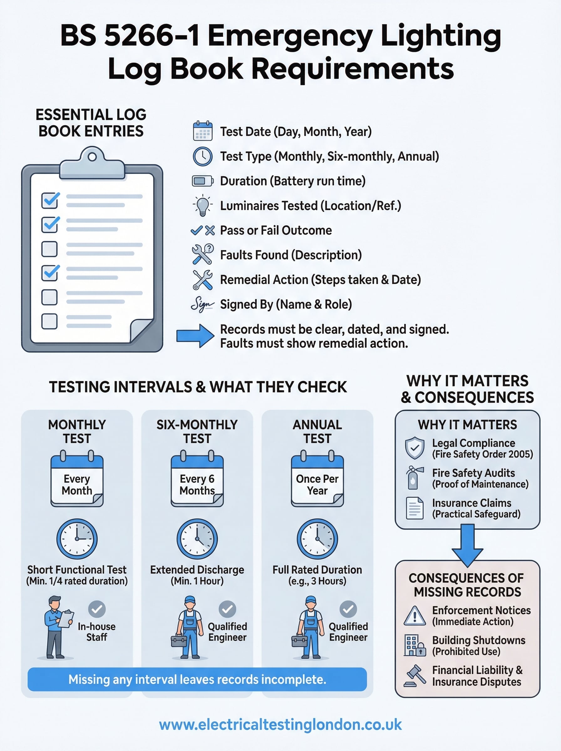 emergency lighting log book requirements infographic