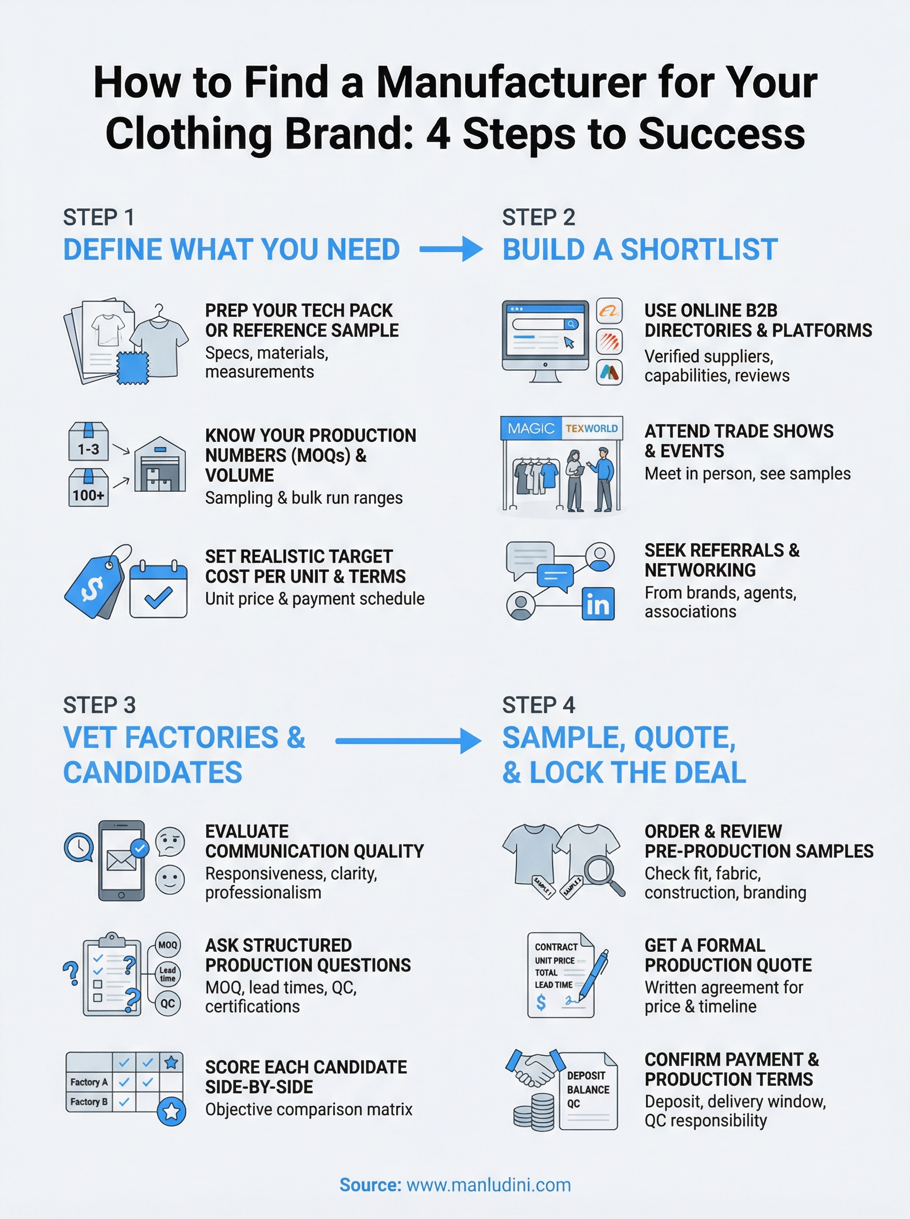 how to find a manufacturer for your clothing brand infographic