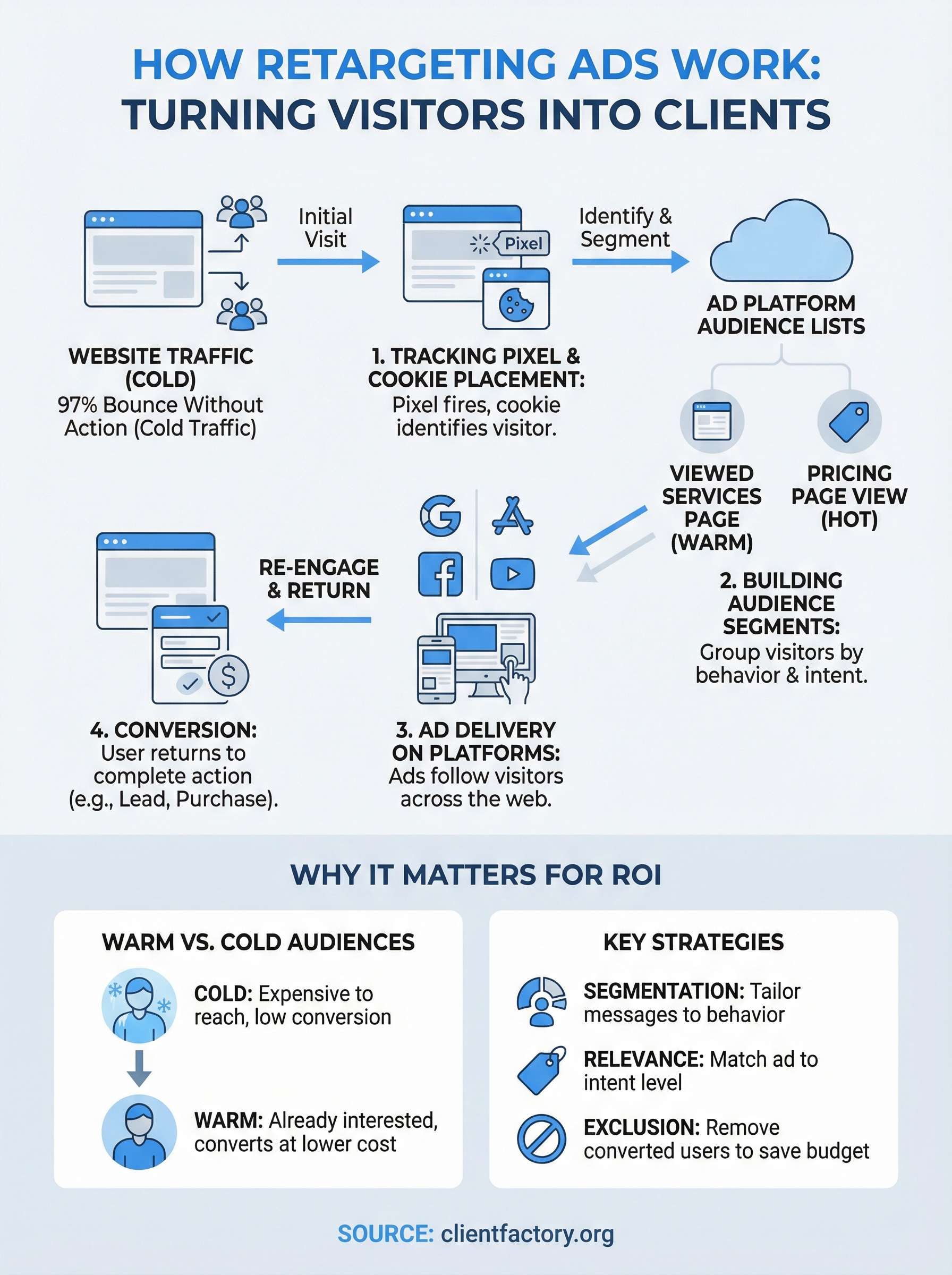 How Retargeting Ads Work: Pixels, Audiences, ROI Explained how retargeting ads work infographic