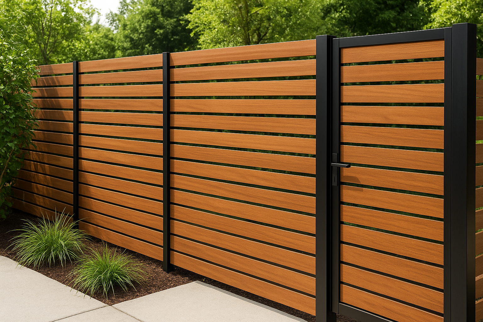 2. Horizontal Slat Fence in Timber and Black Metal