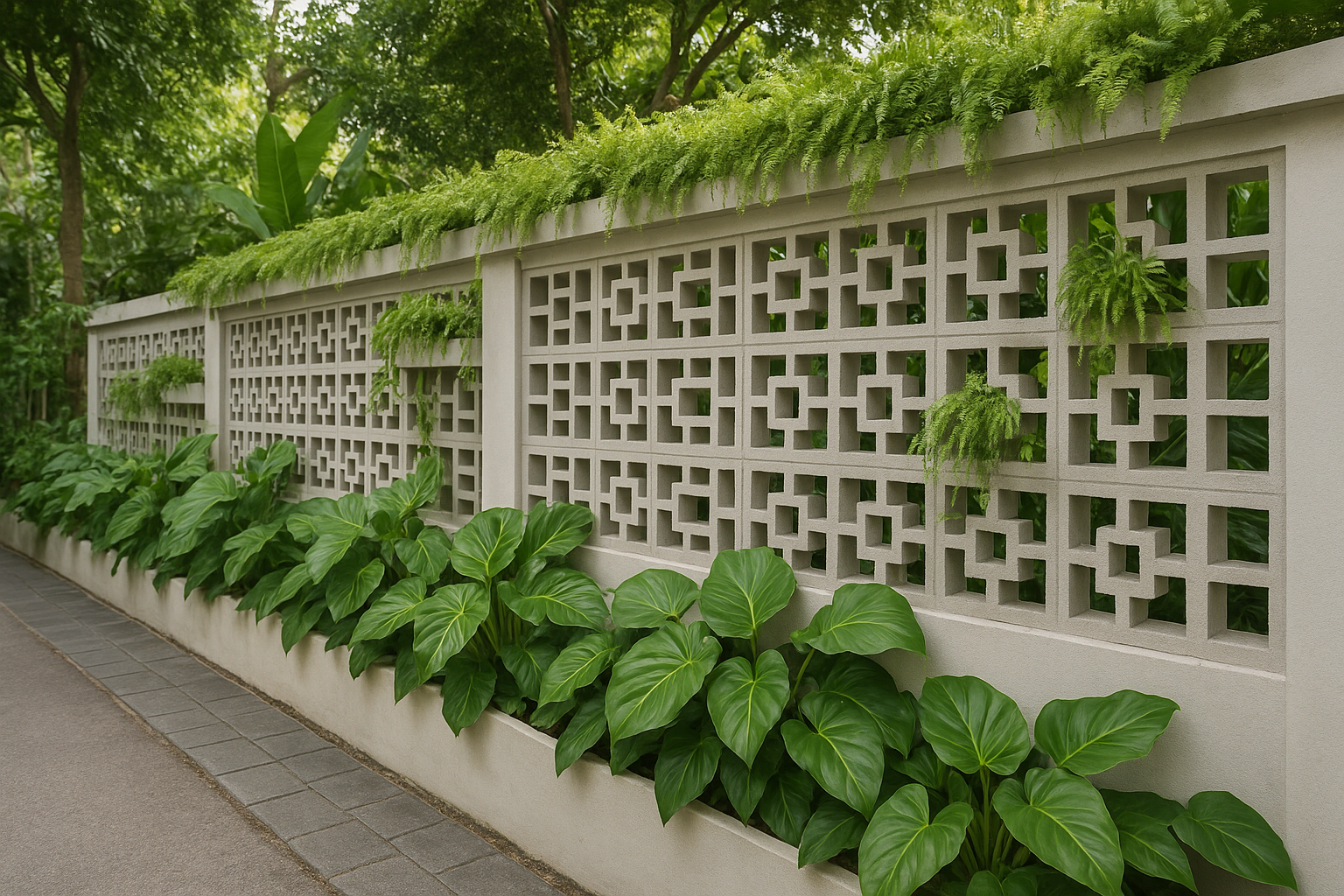 4. Concrete and Breeze Block Fence With Greenery