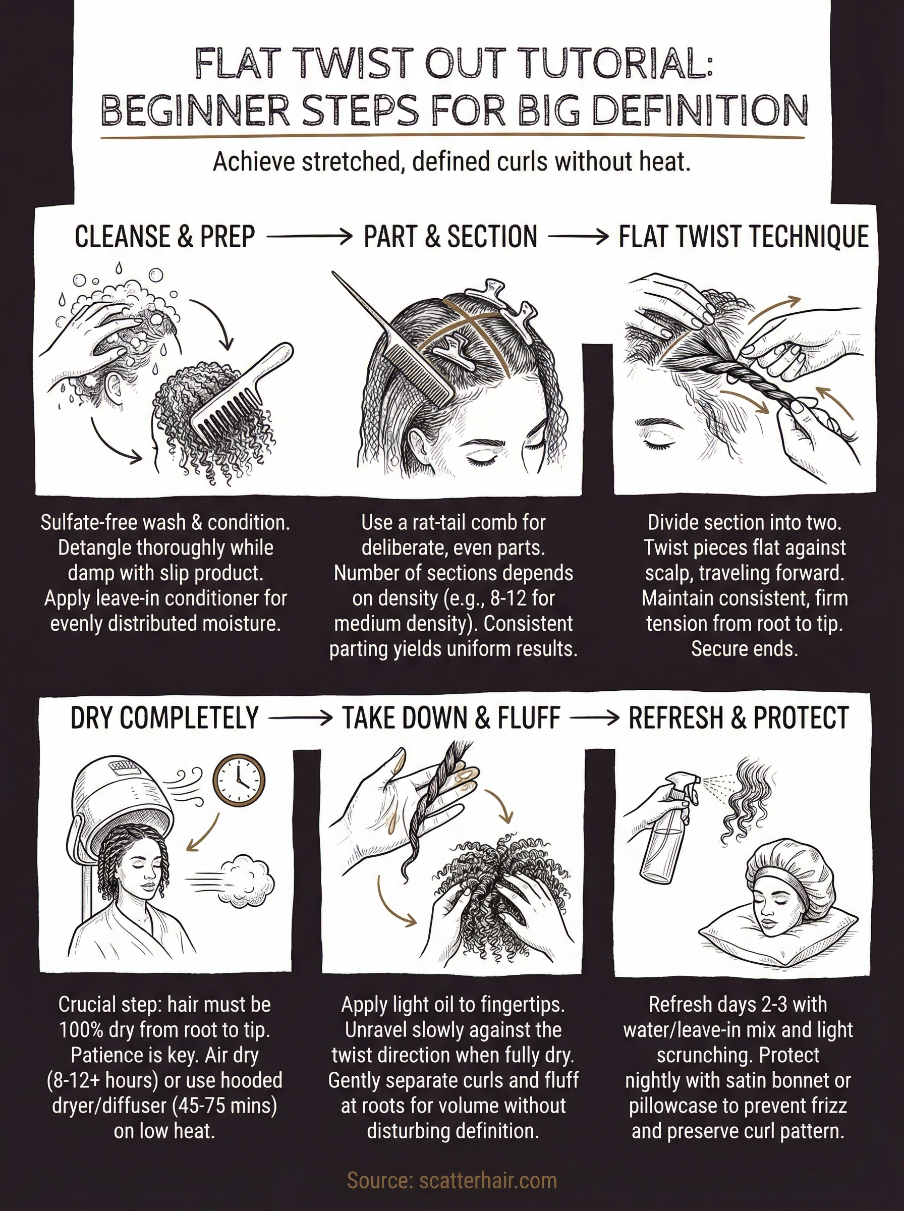 flat twist out tutorial infographic