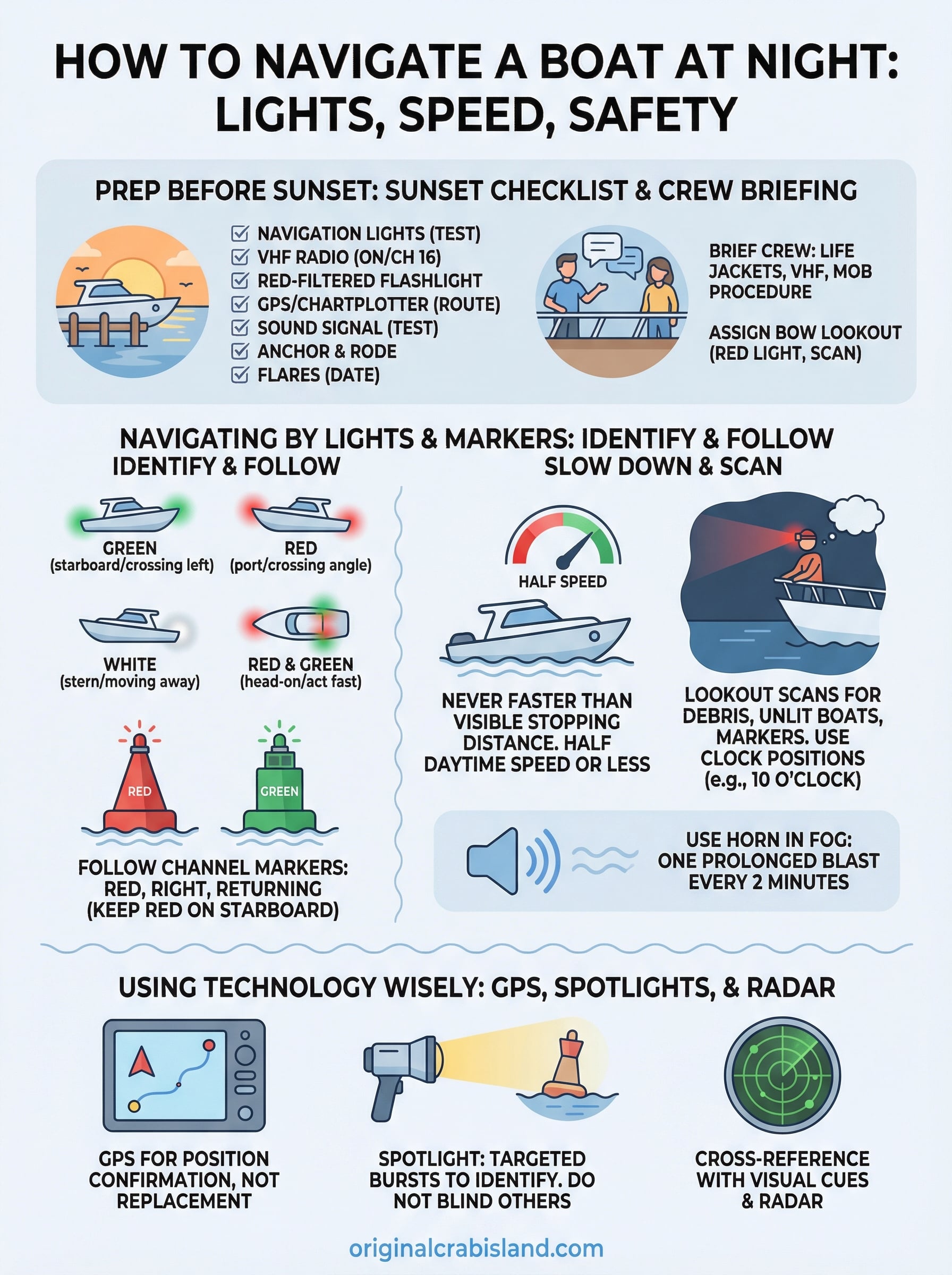 how to navigate a boat at night infographic