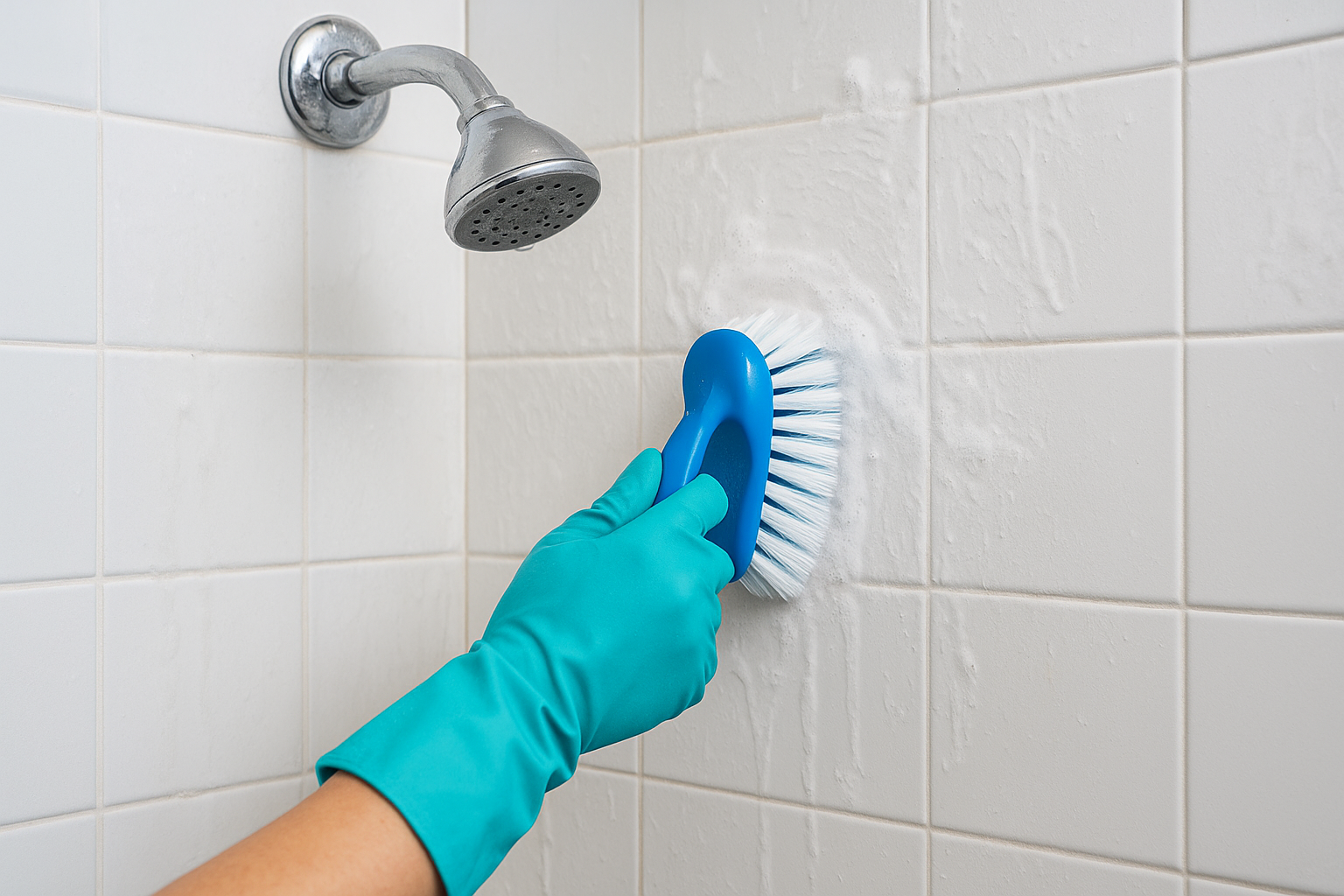 Scrub the shower walls, tub, and tile