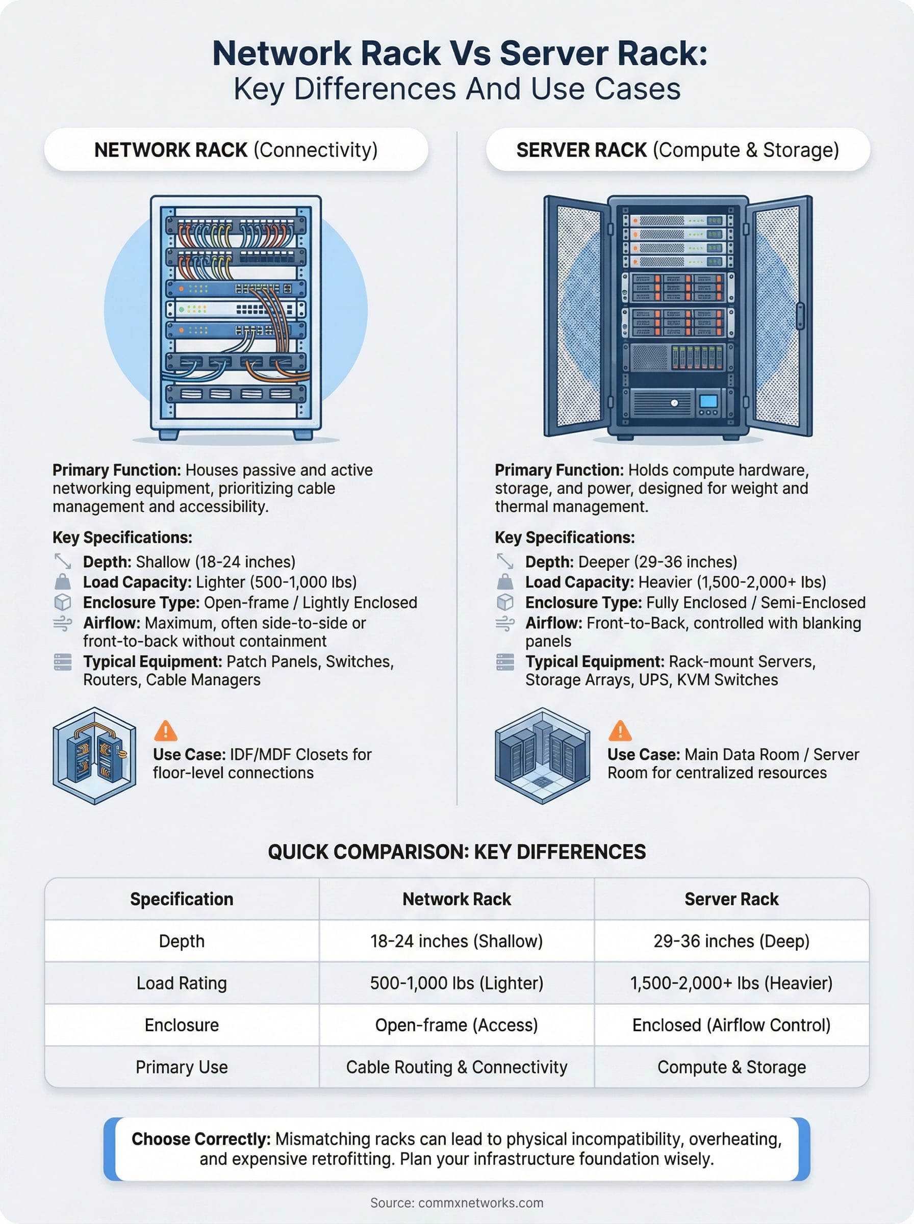 network rack vs server rack infographic