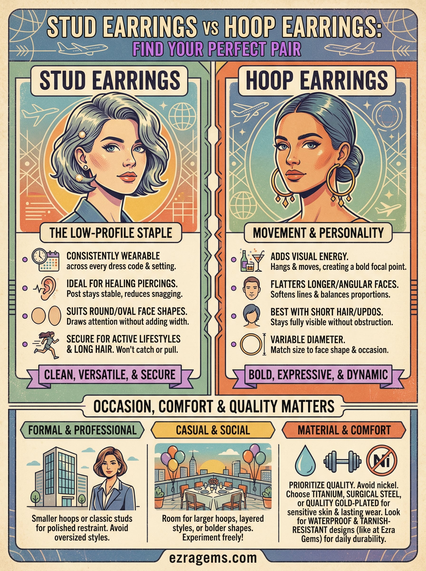 stud earrings vs hoop earrings infographic