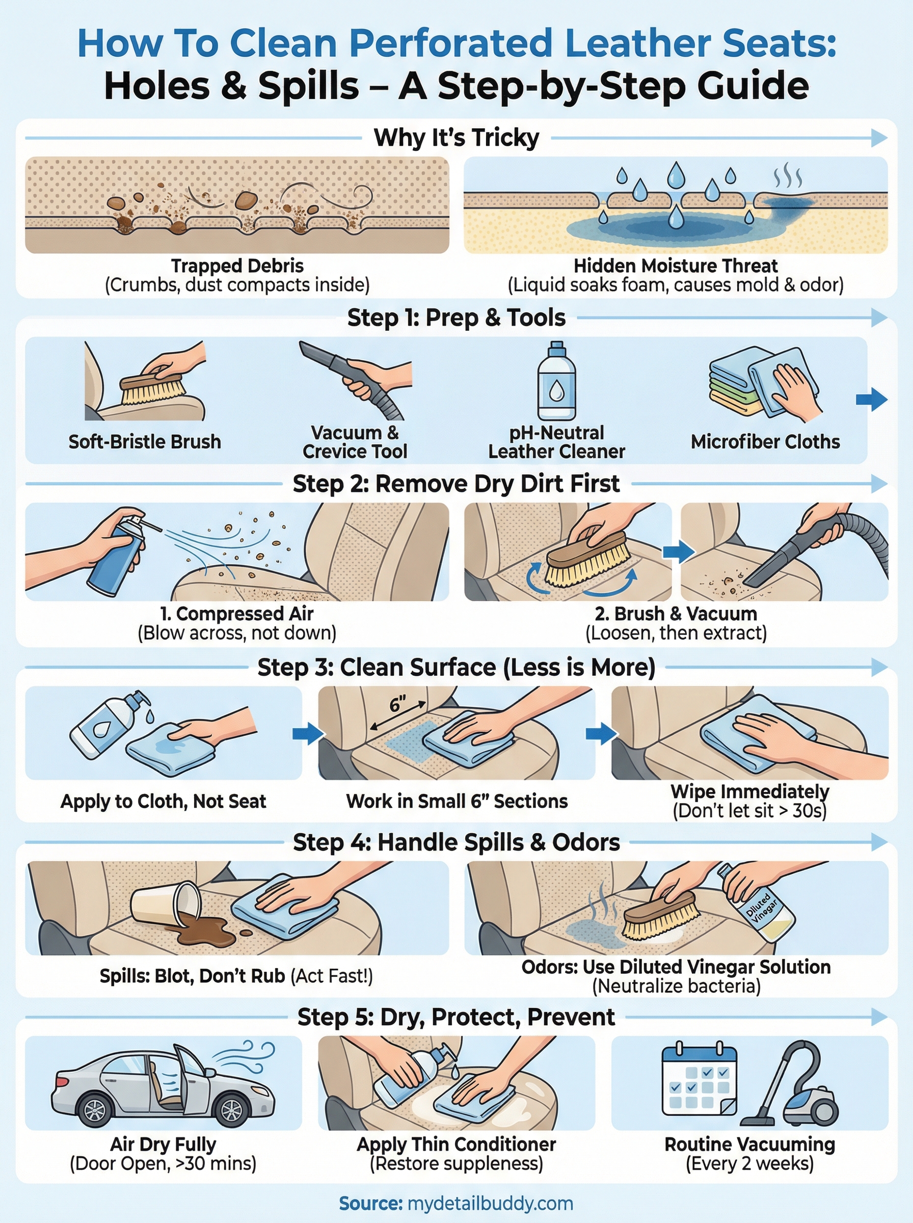 how to clean perforated leather seats infographic