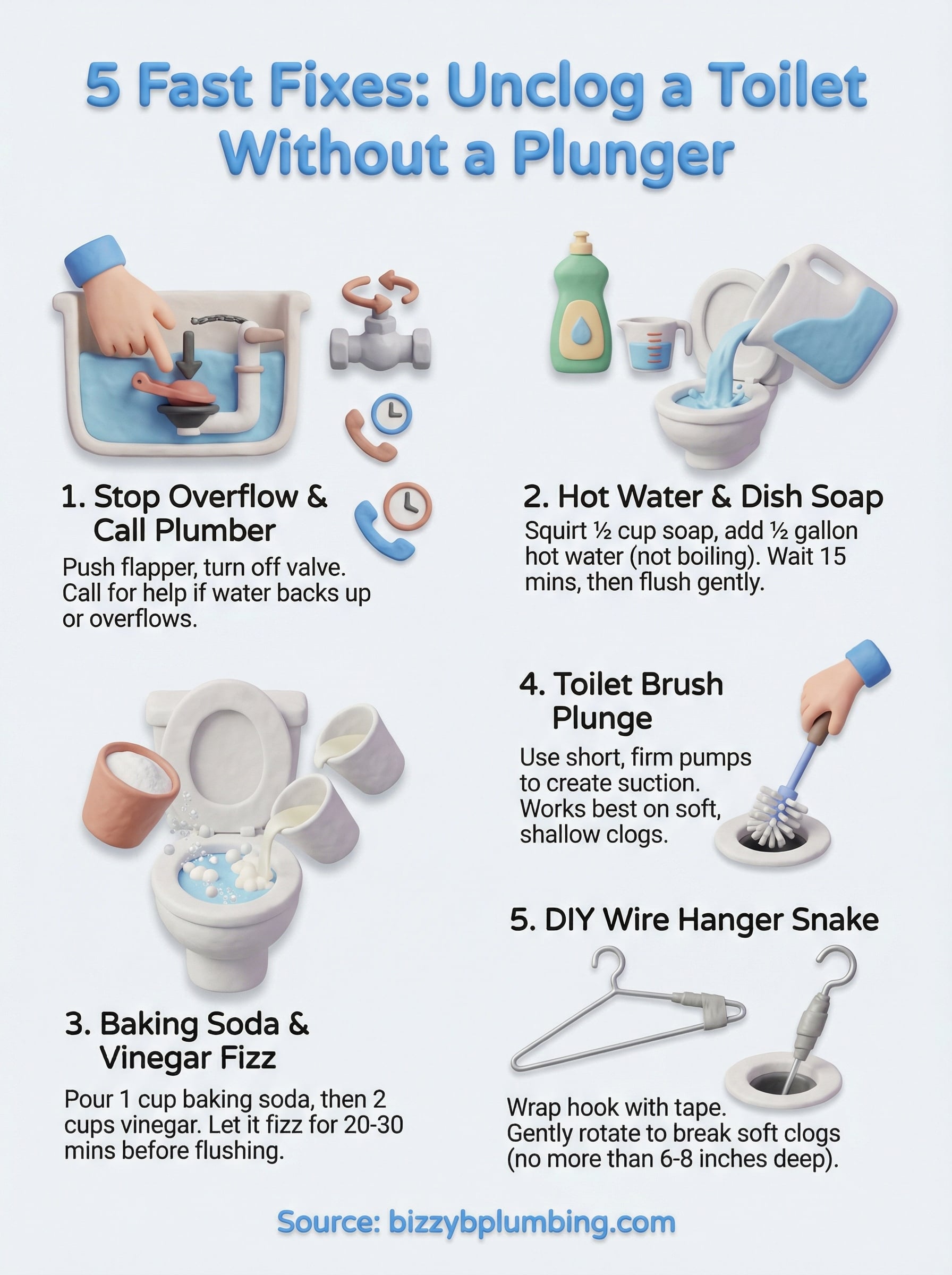 how to unclog a toilet without a plunger infographic