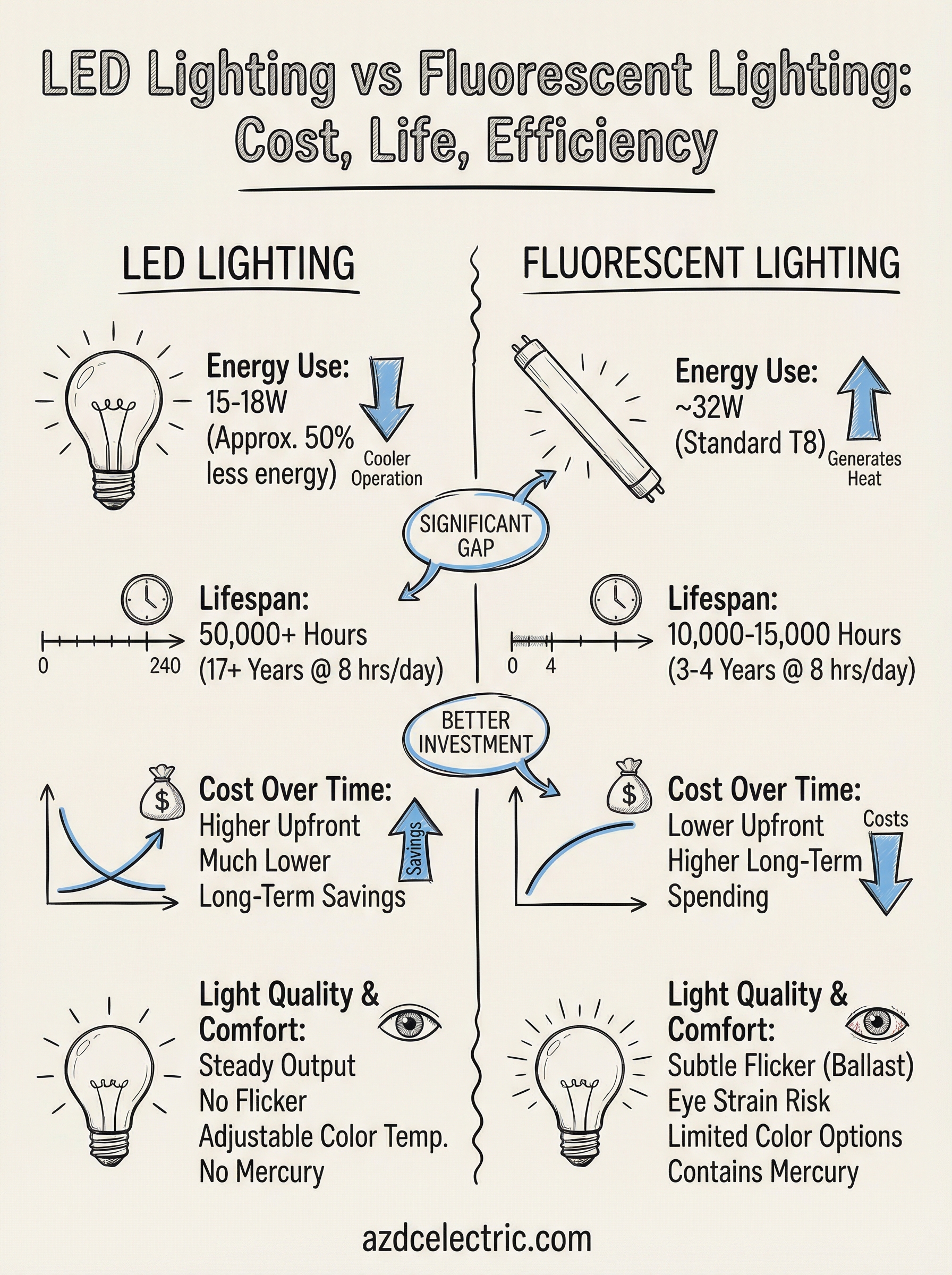 led lighting vs fluorescent lighting infographic