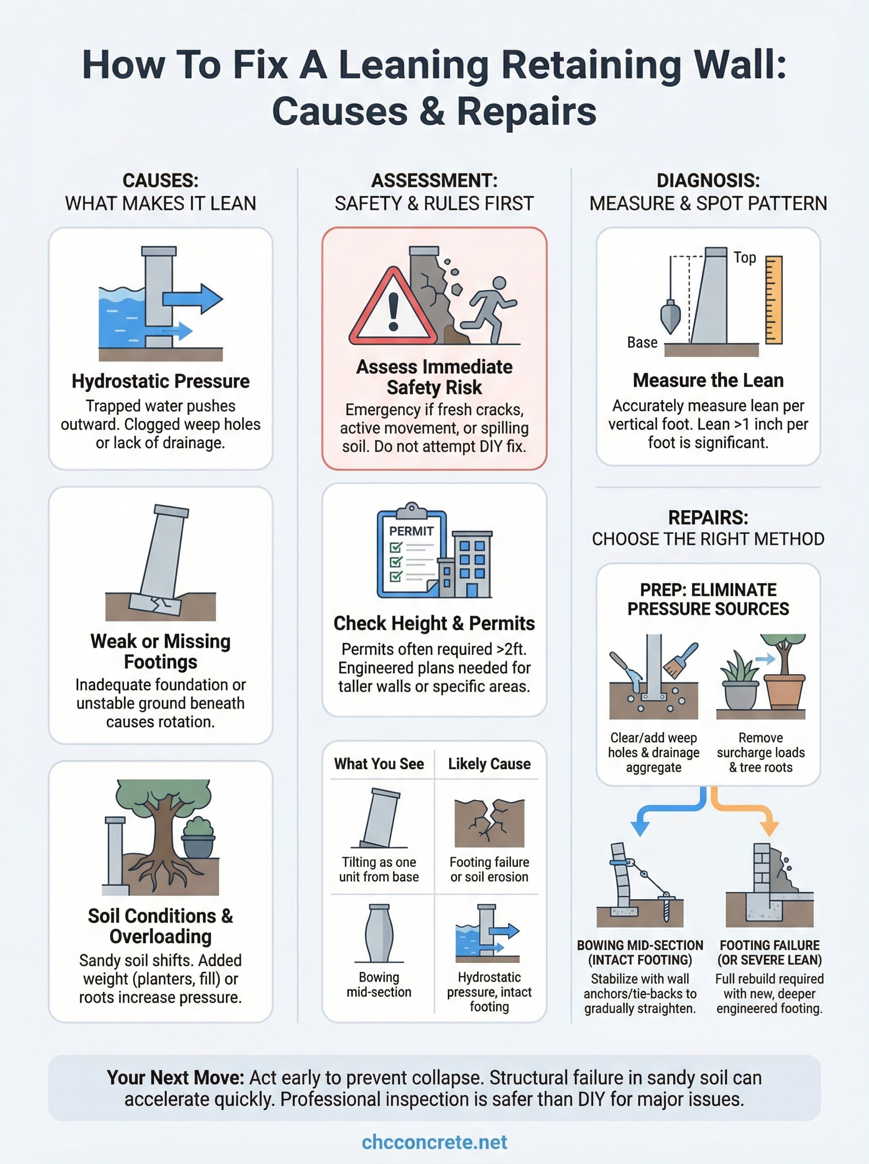 how to fix a leaning retaining wall infographic
