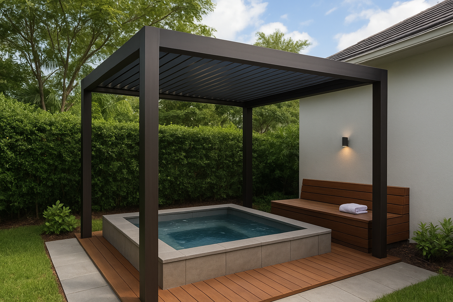 5. Add a pergola spa cabana for shade and rain cover