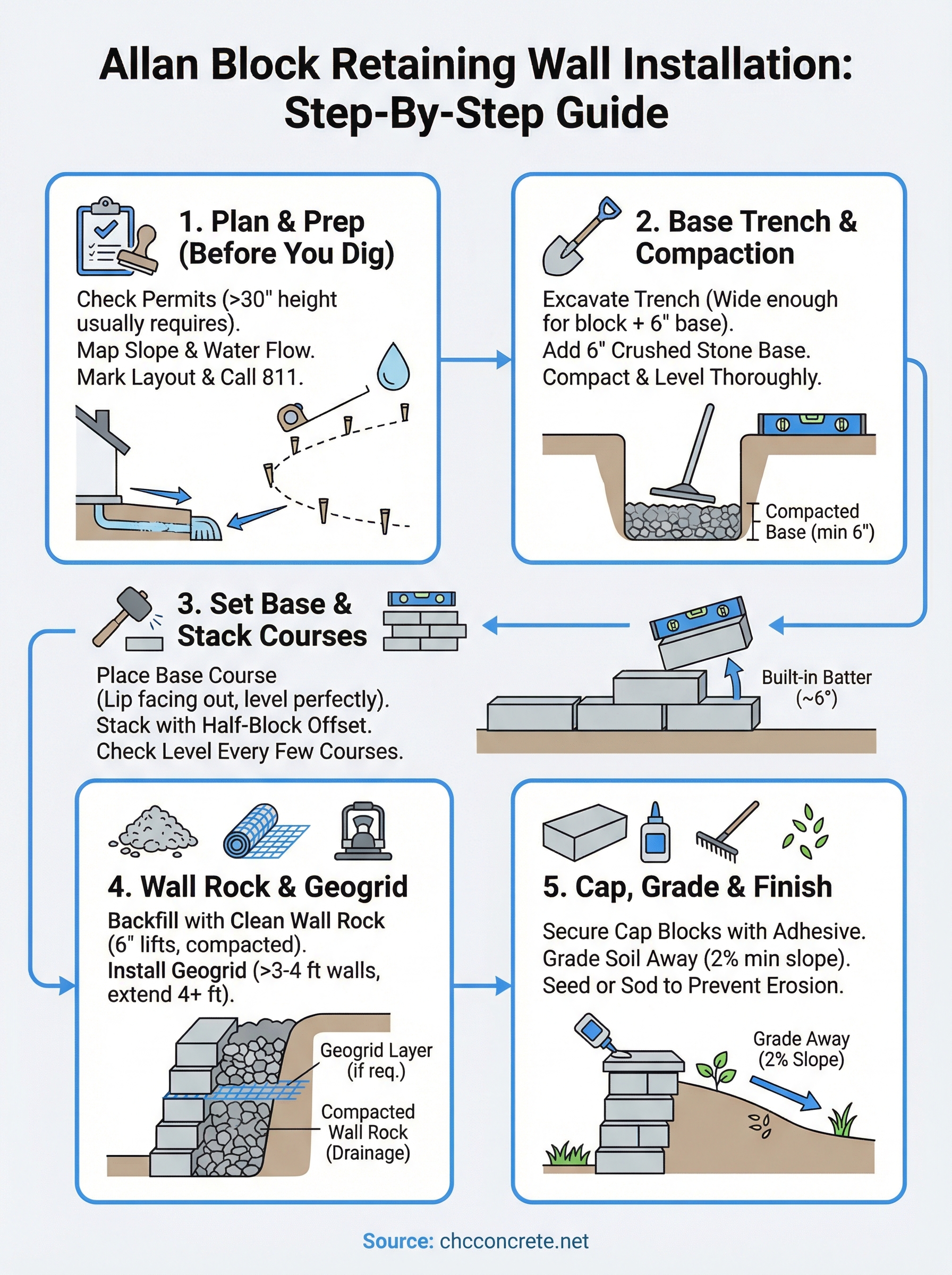 allan block retaining wall installation guide infographic
