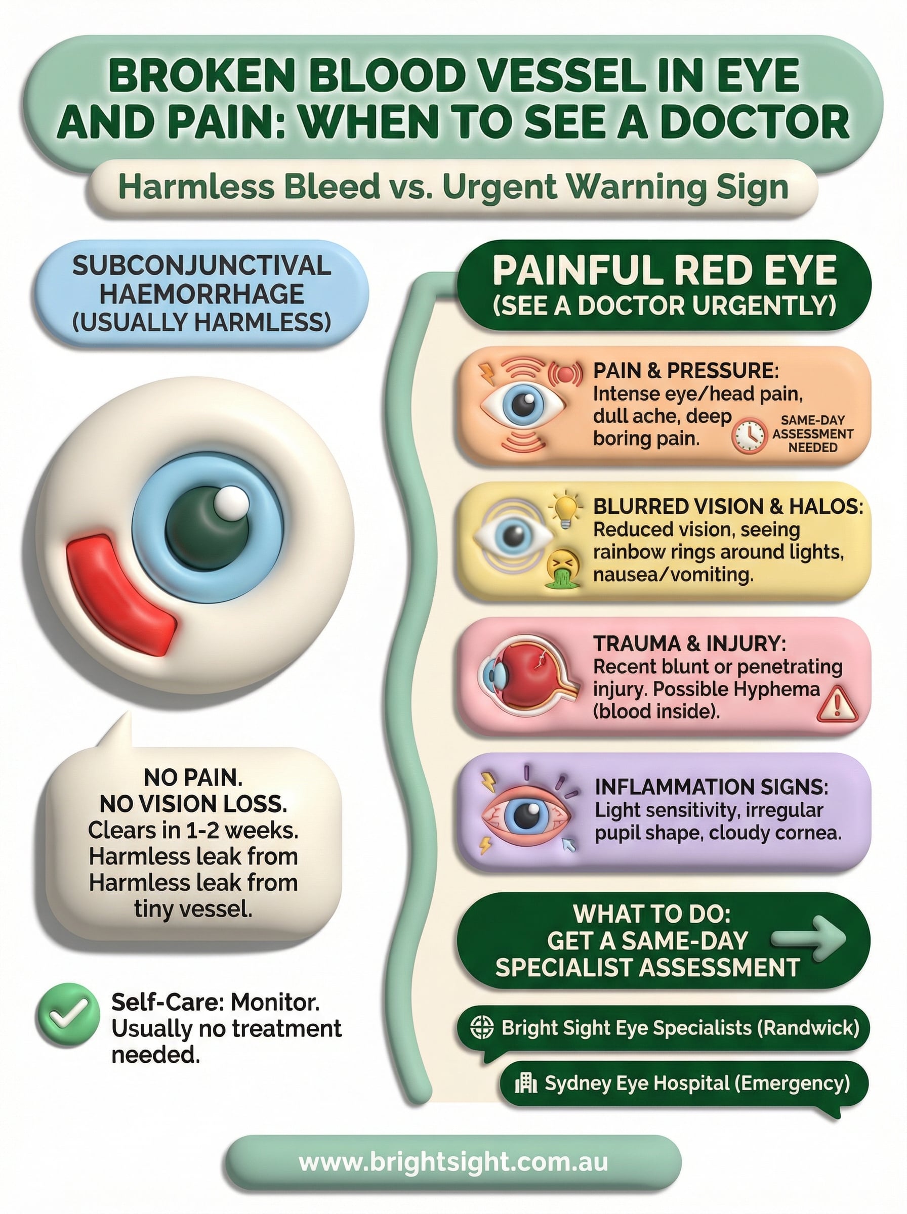 broken blood vessel in eye and pain infographic