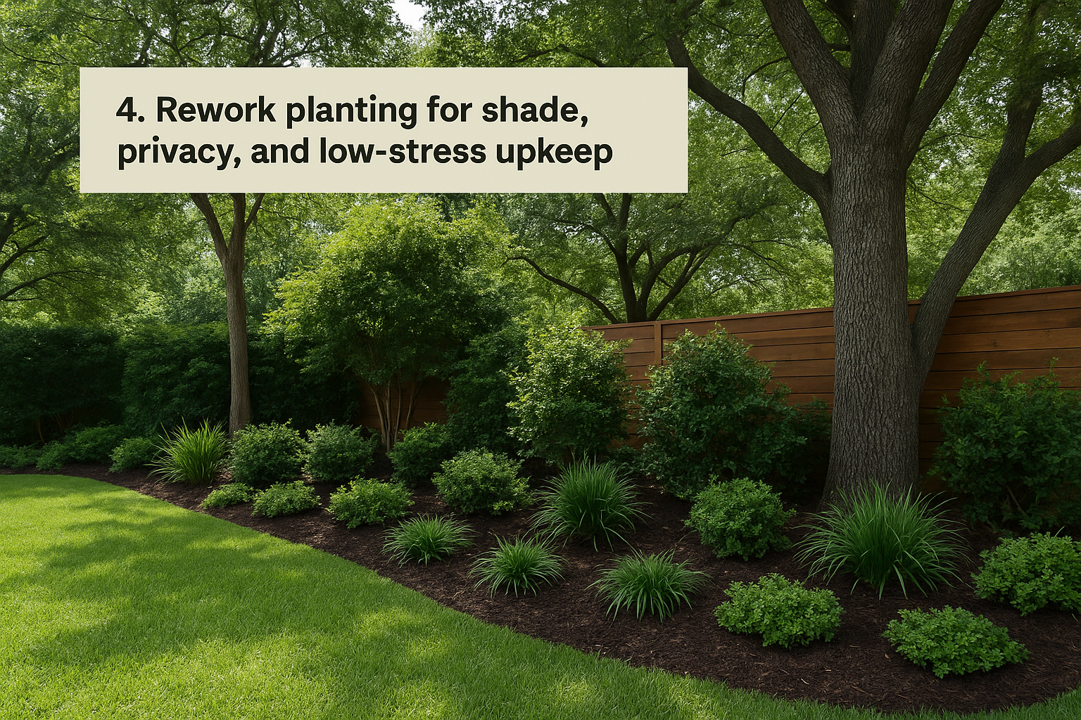 4. Rework planting for shade, privacy, and low-stress upkeep