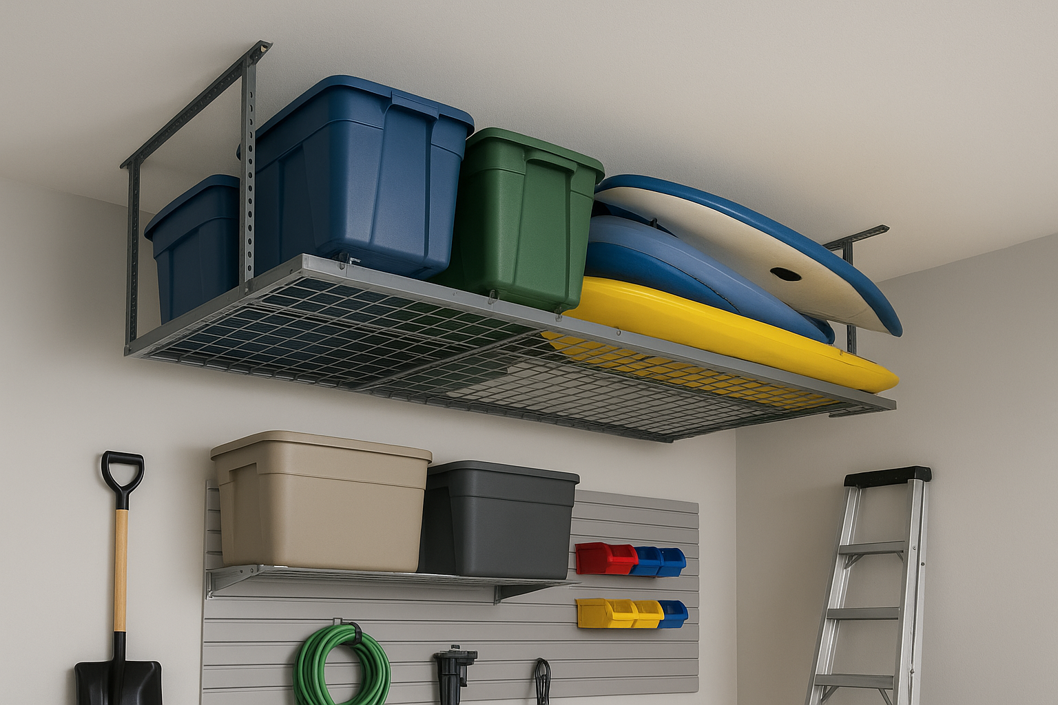 3. Ceiling-mounted overhead racks for bulky storage