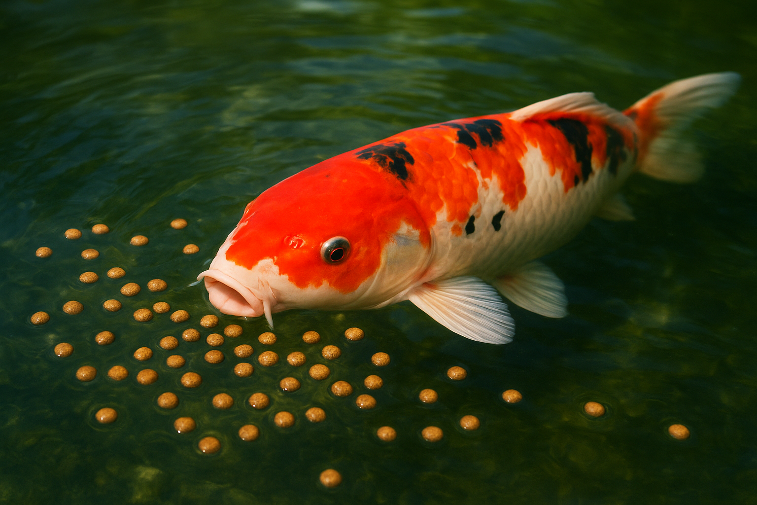 1. Floating koi pellets as the daily staple