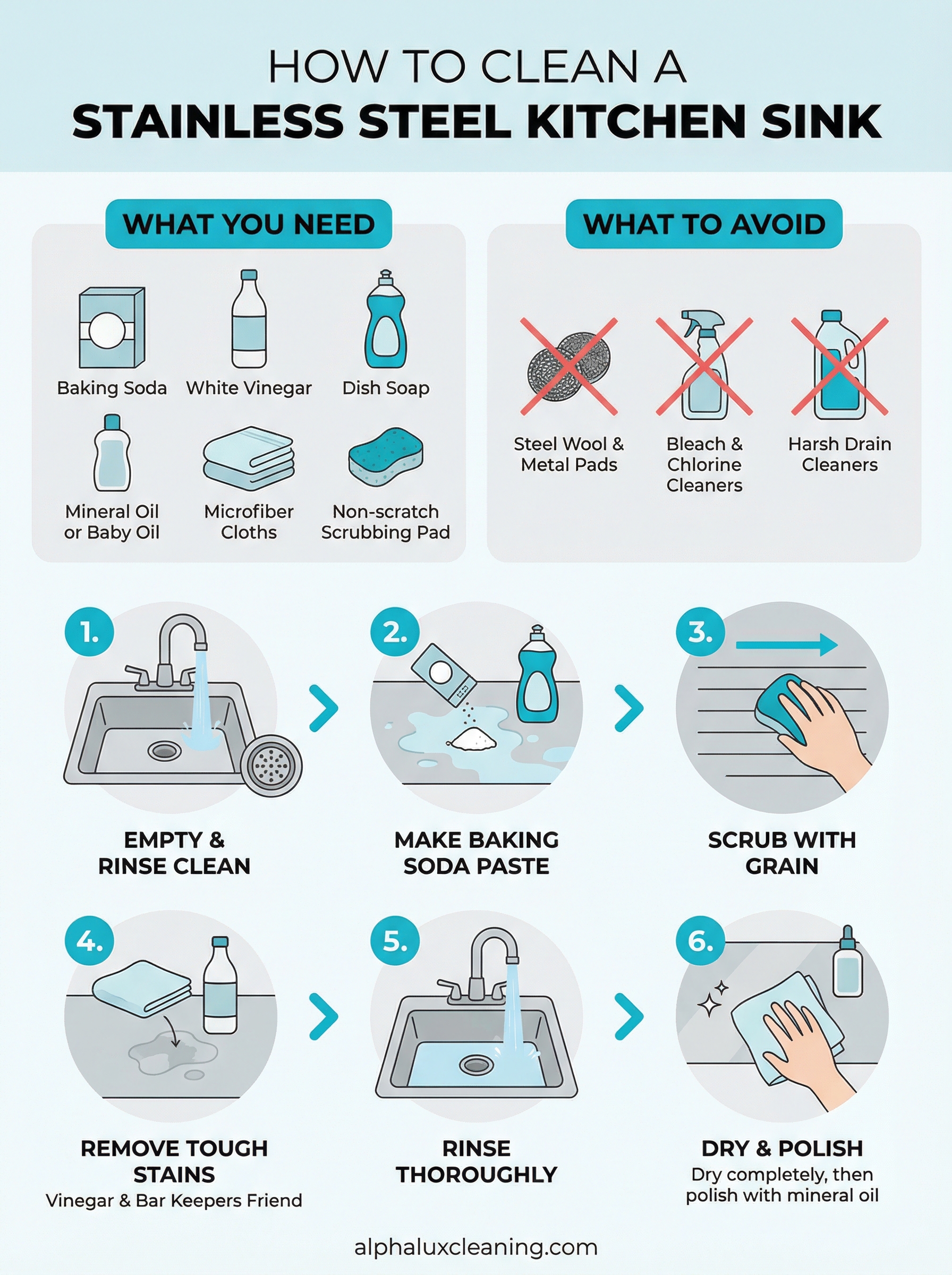 how to clean a stainless steel kitchen sink infographic