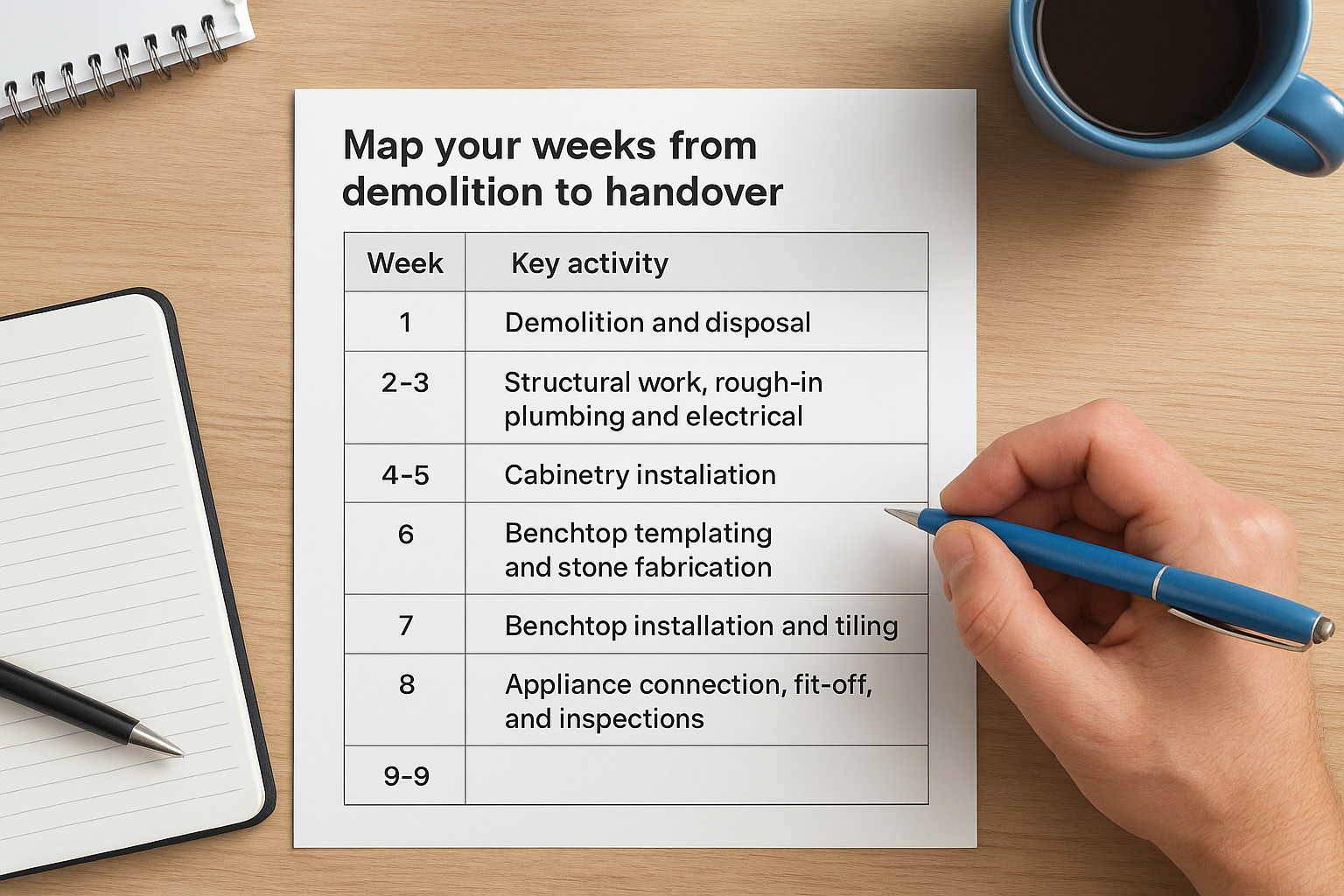Map your weeks from demolition to handover