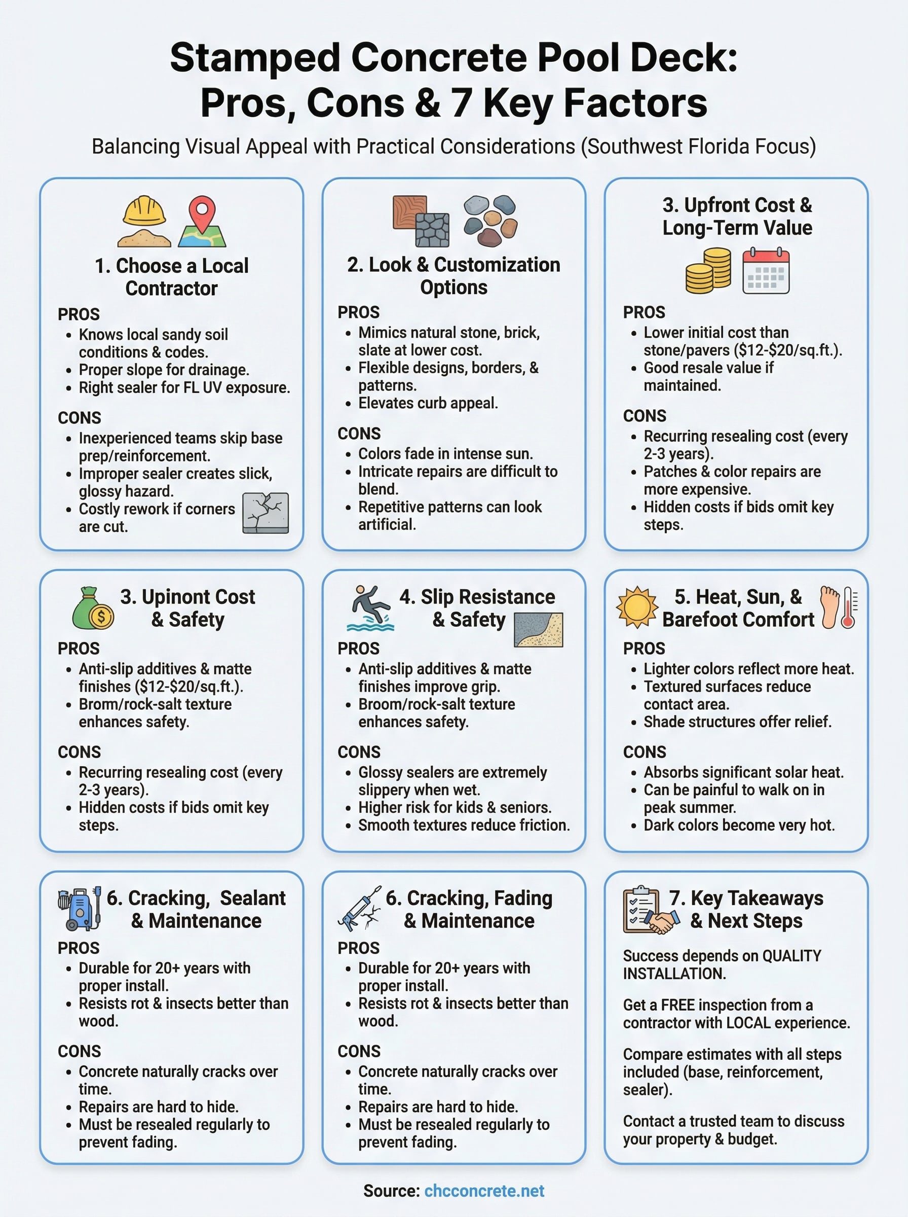 stamped concrete pool deck pros and cons infographic