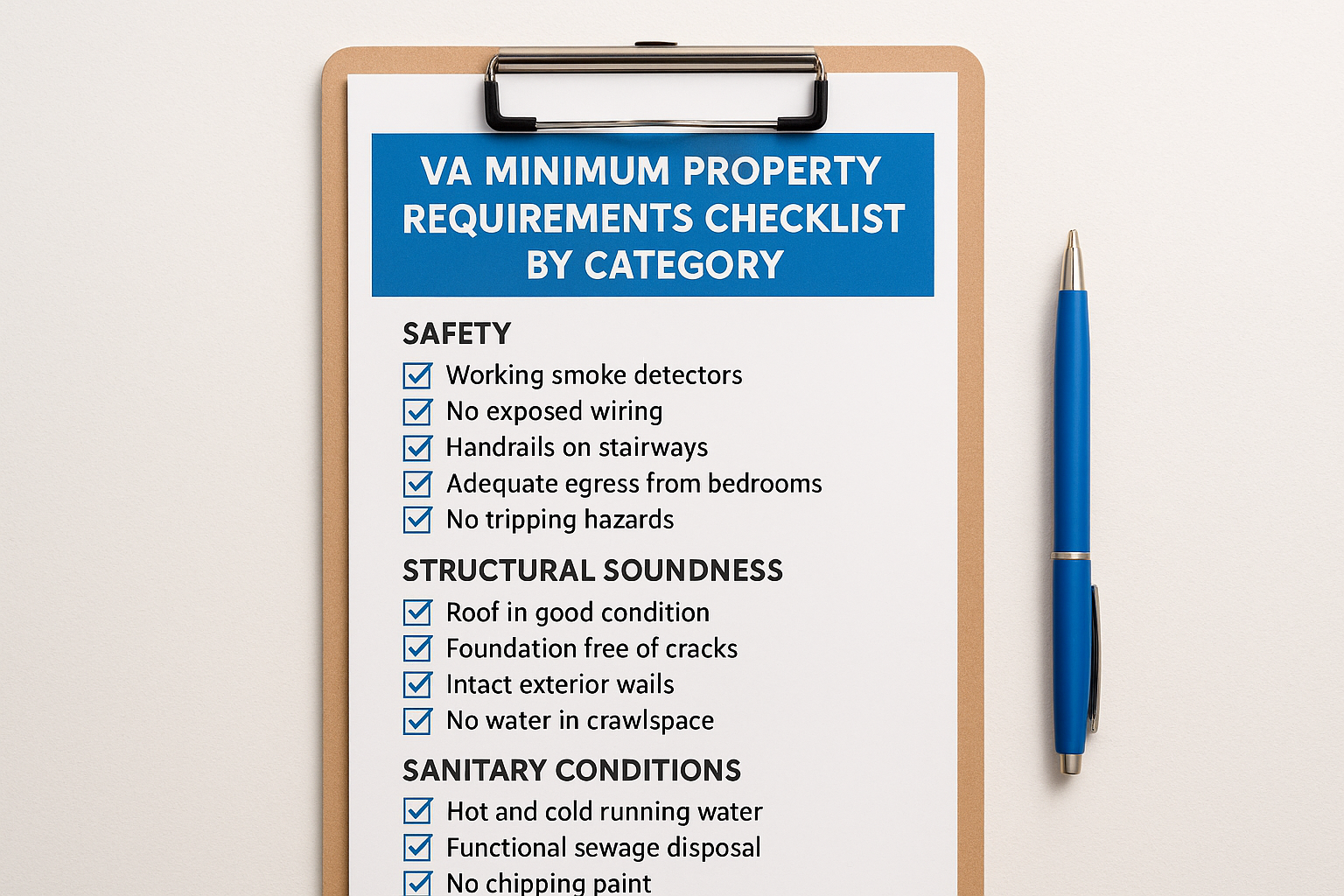 VA minimum property requirements checklist by category