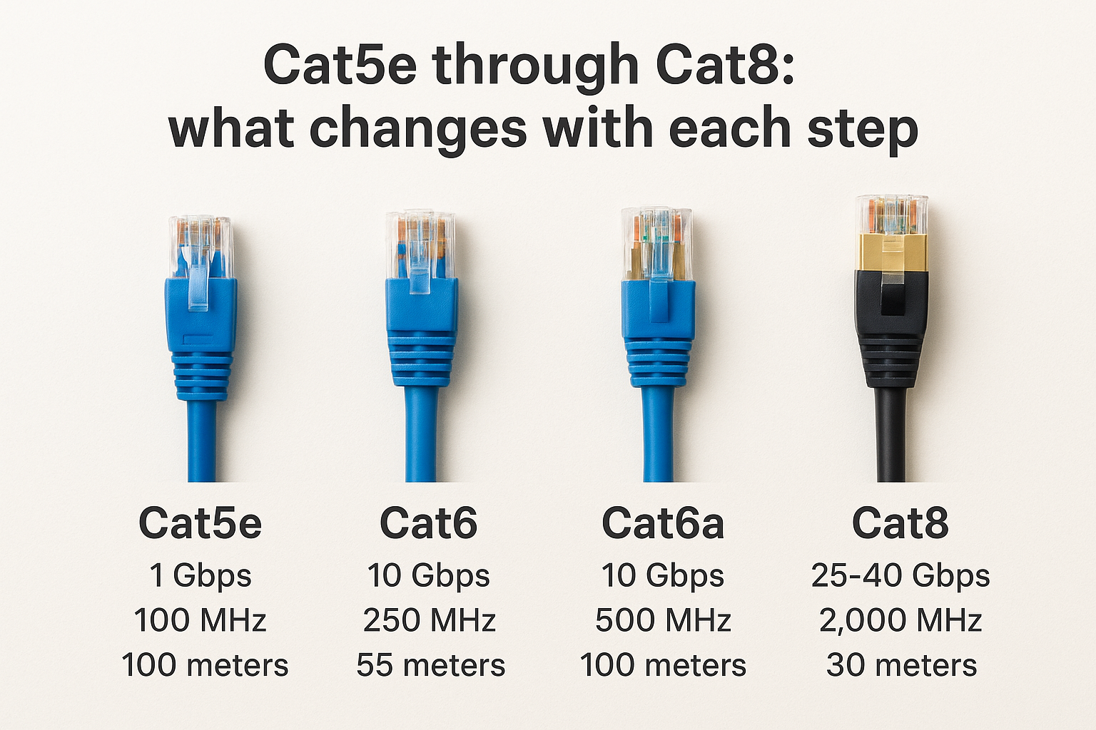 Cat5e through Cat8: what changes with each step