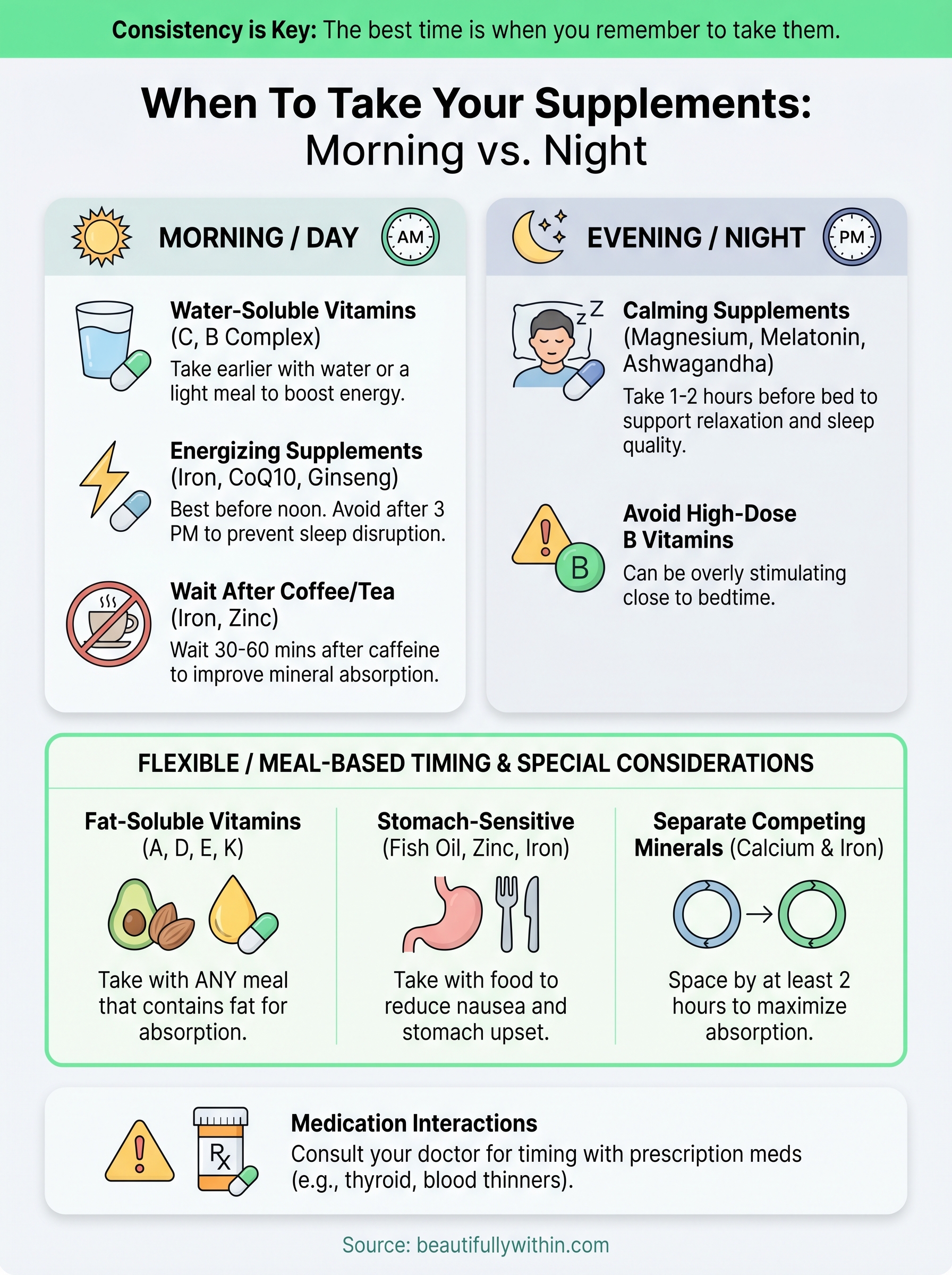 when to take supplements morning or night infographic