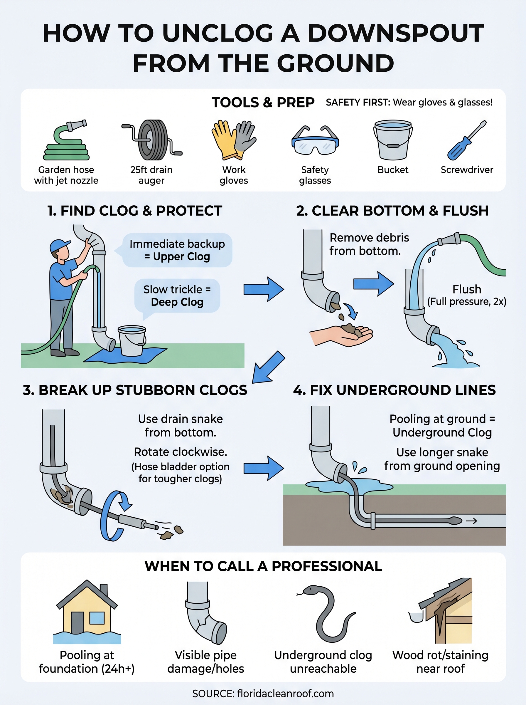 how to unclog a downspout infographic