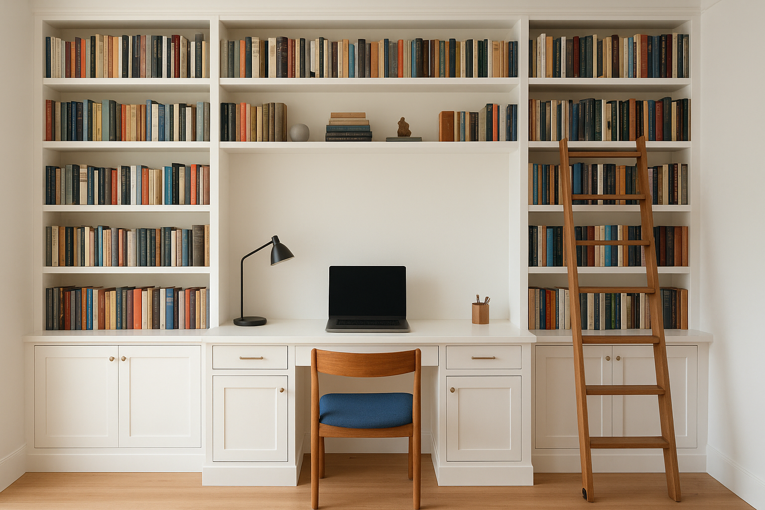 5. Library-style built-ins with a centered desk