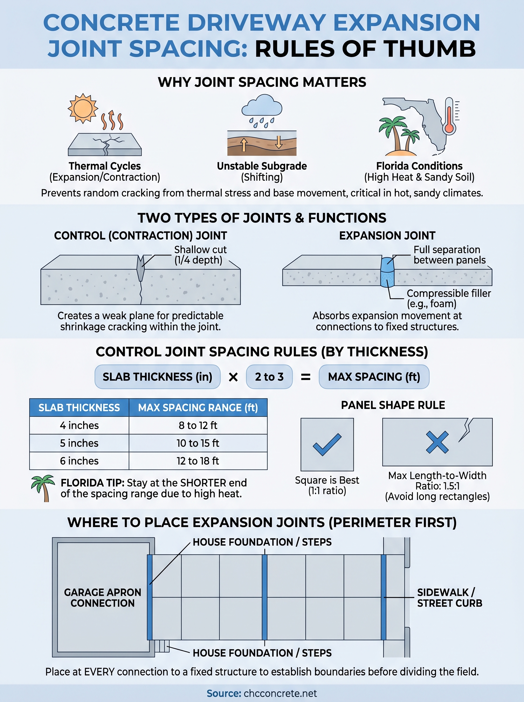 concrete driveway expansion joint spacing infographic